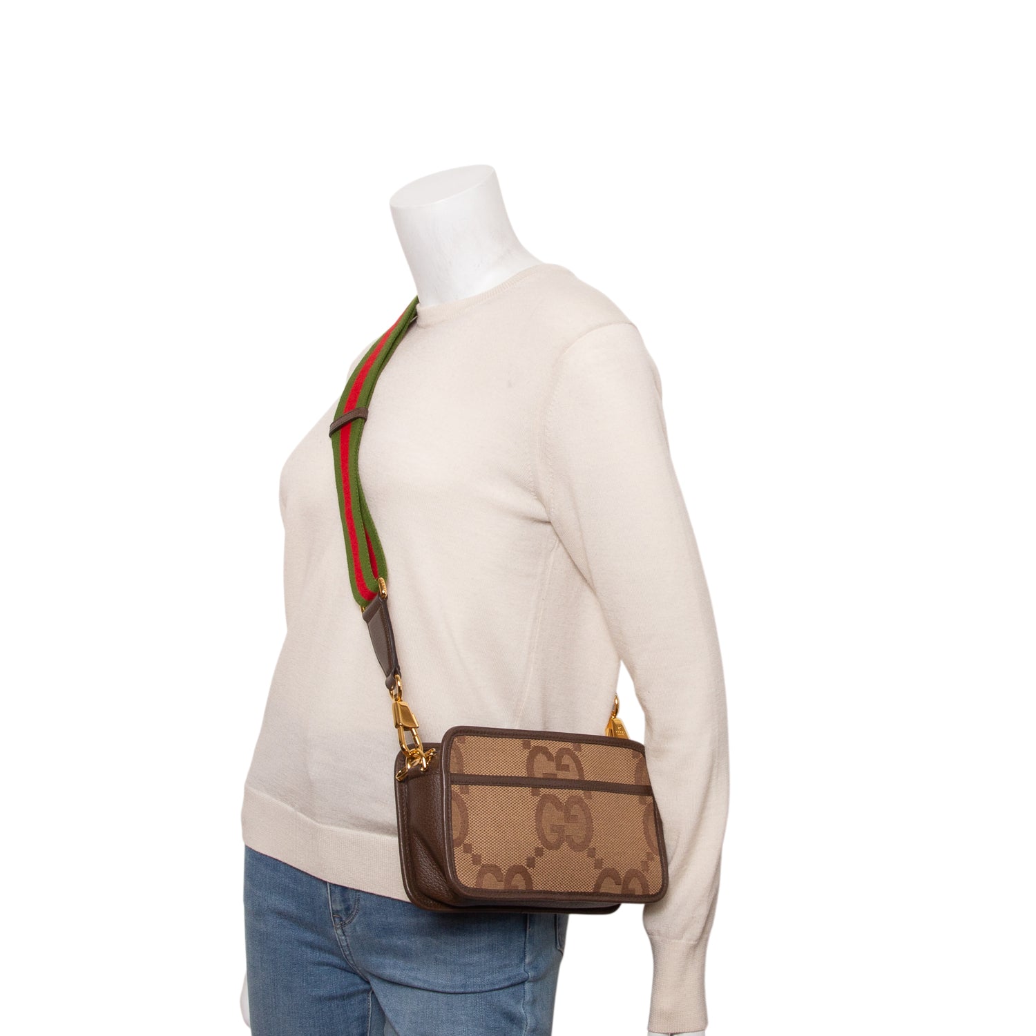 Gucci Monogram Jumbo GG Textured Dollar Calfskin Web Mini Crossbody Bag w/ Box