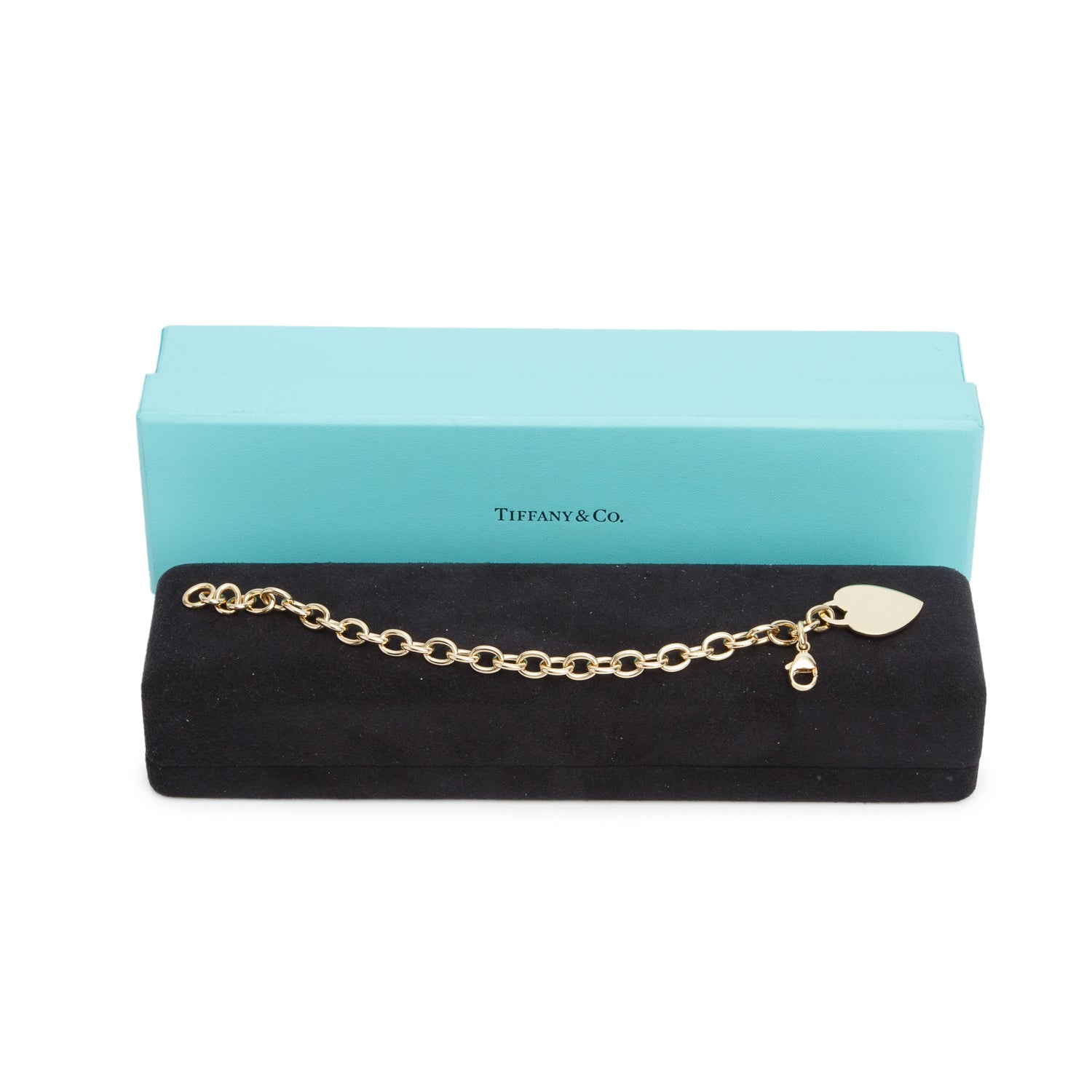 Tiffany & Co. Vintage 18k Yellow Gold Heart Tag Charm Bracelet w/ Box