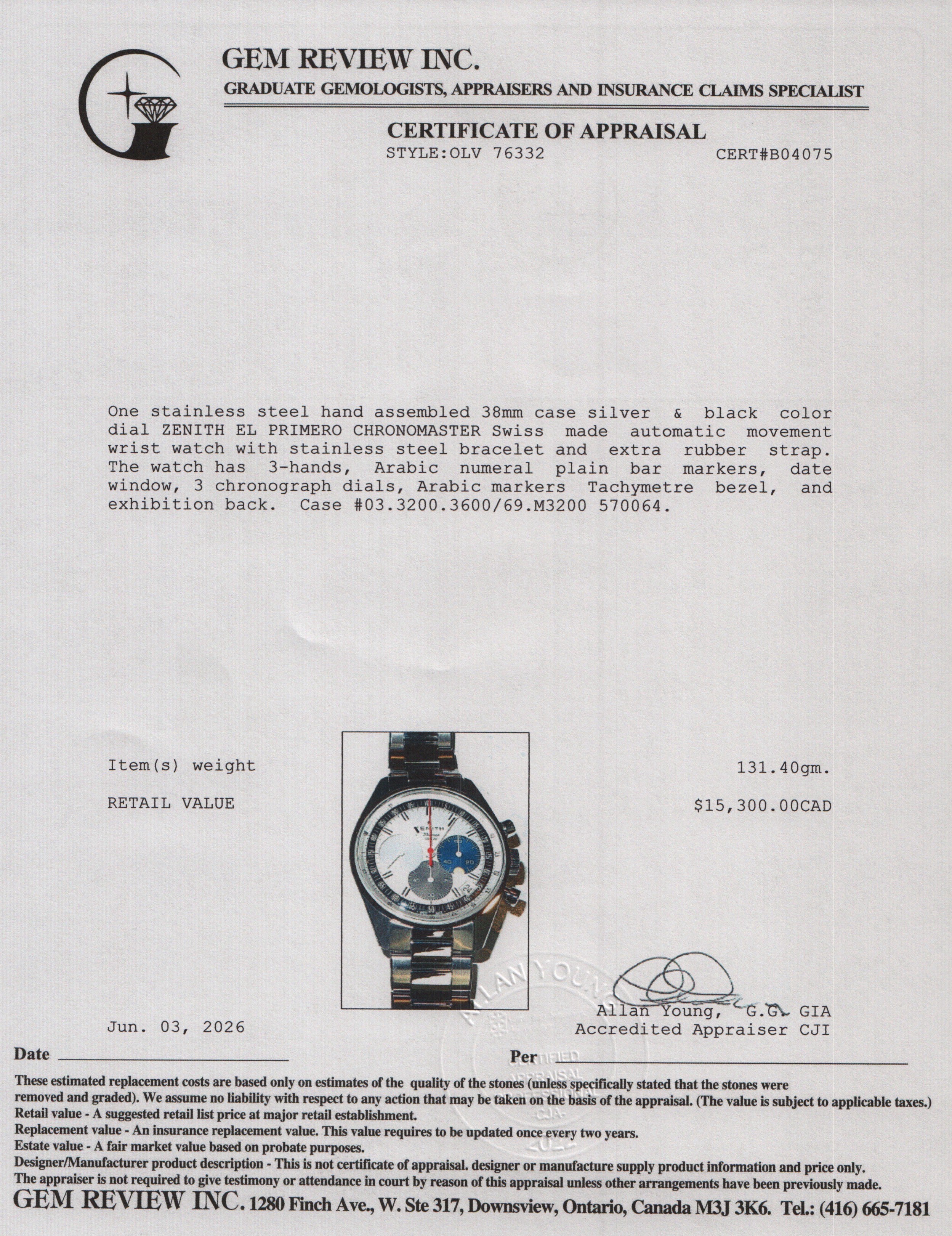 Zenith Stainless Steel El Primero Chronomaster Original 38 MM Automatic Chronograph Watch Silver Dial w/ Box, Papers & Extra Straps