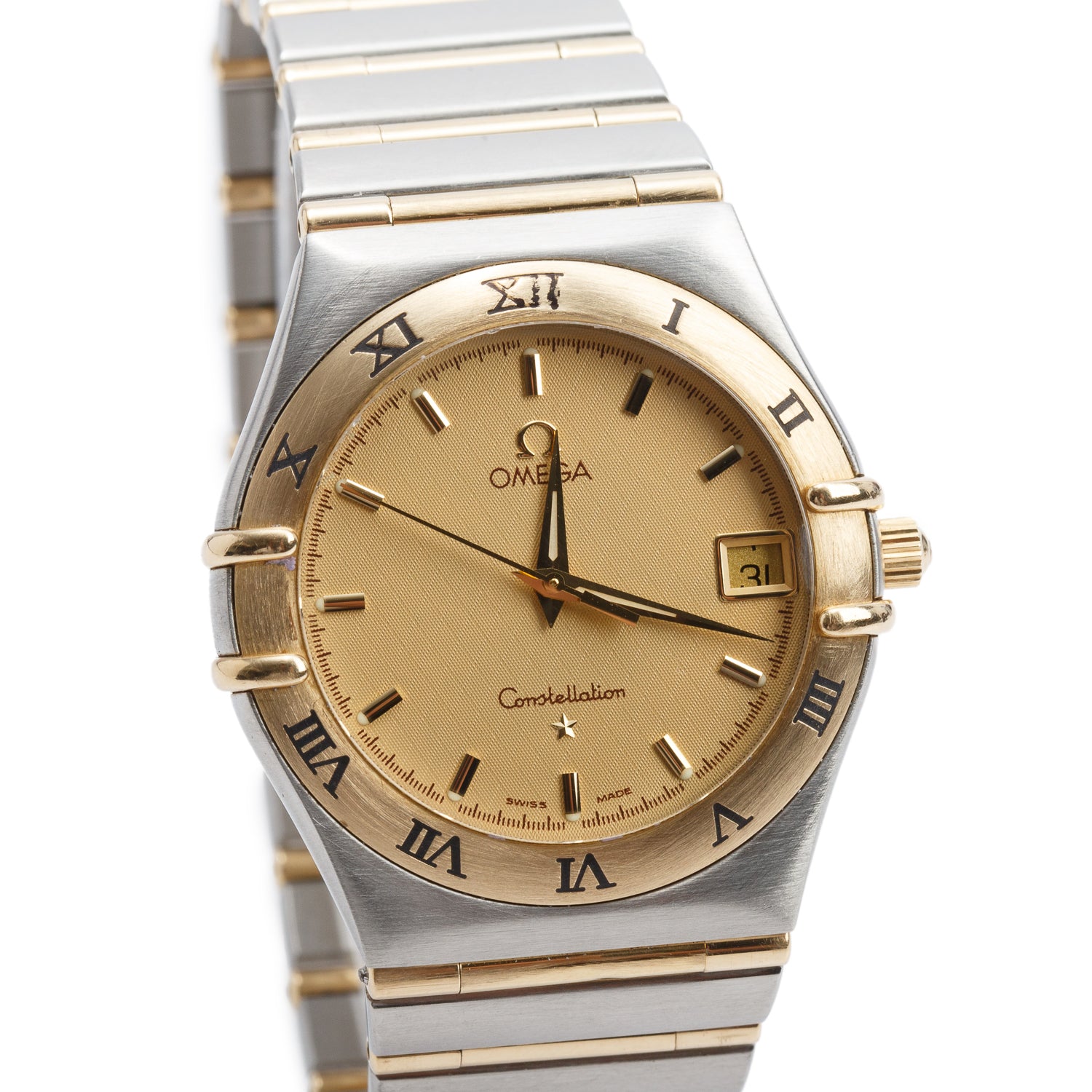 Omega Stainless Steel & 18k Yellow Gold Constellation 34 MM Quartz Watch Gold Dial w/ Box