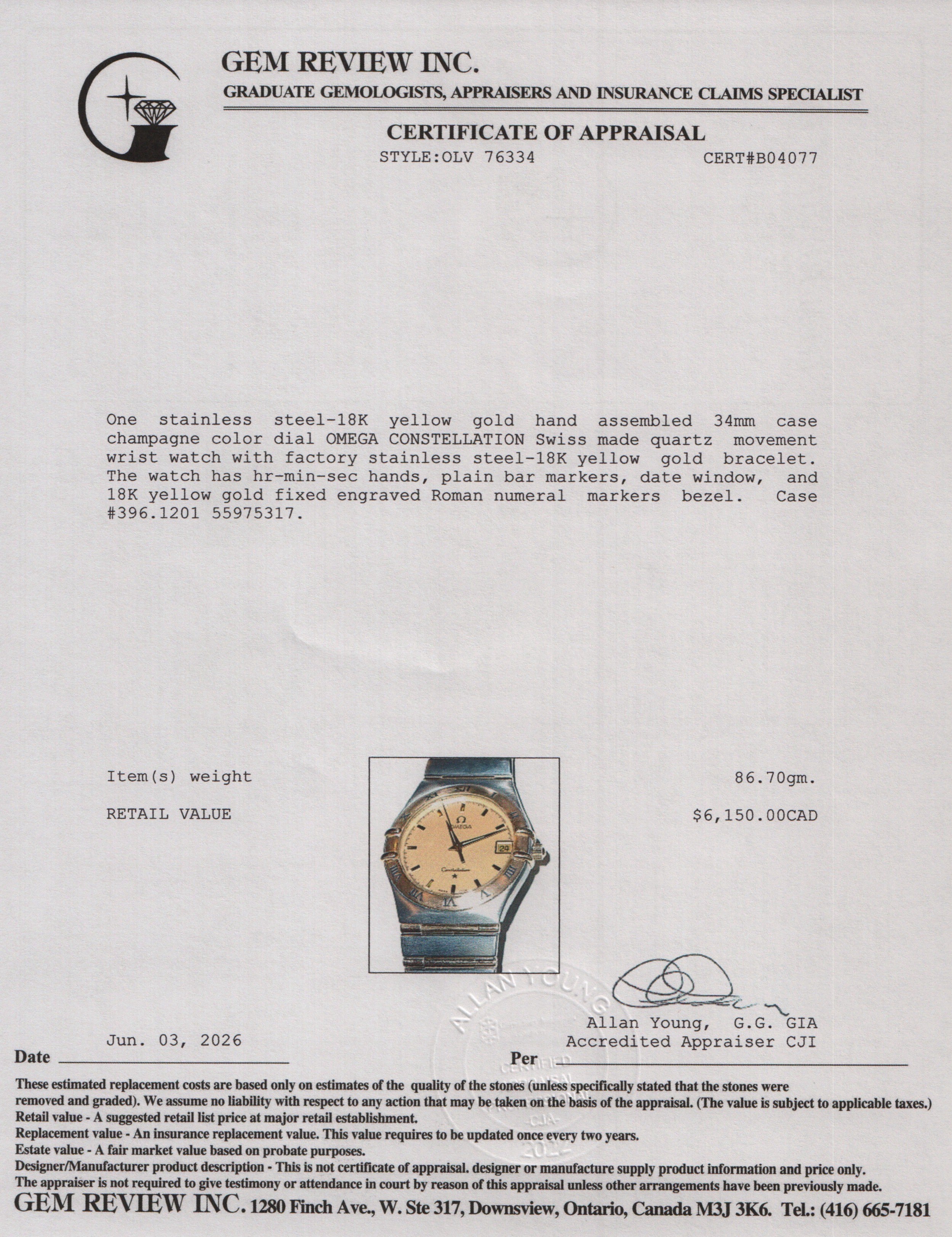 Omega Stainless Steel & 18k Yellow Gold Constellation 34 MM Quartz Watch Gold Dial w/ Box