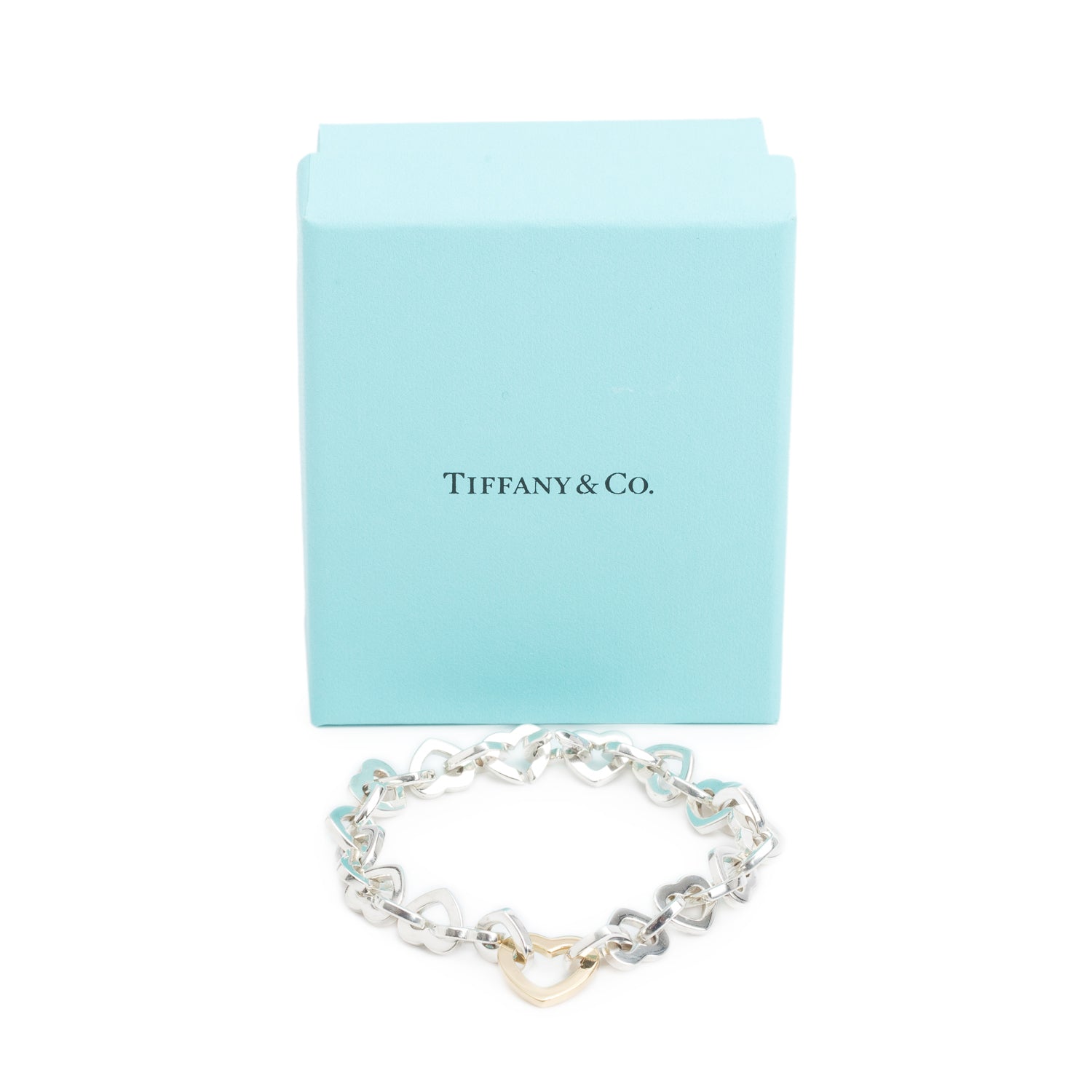 Tiffany & Co. Sterling Silver & 18k Yellow Gold Heart Link Bracelet w/ Box