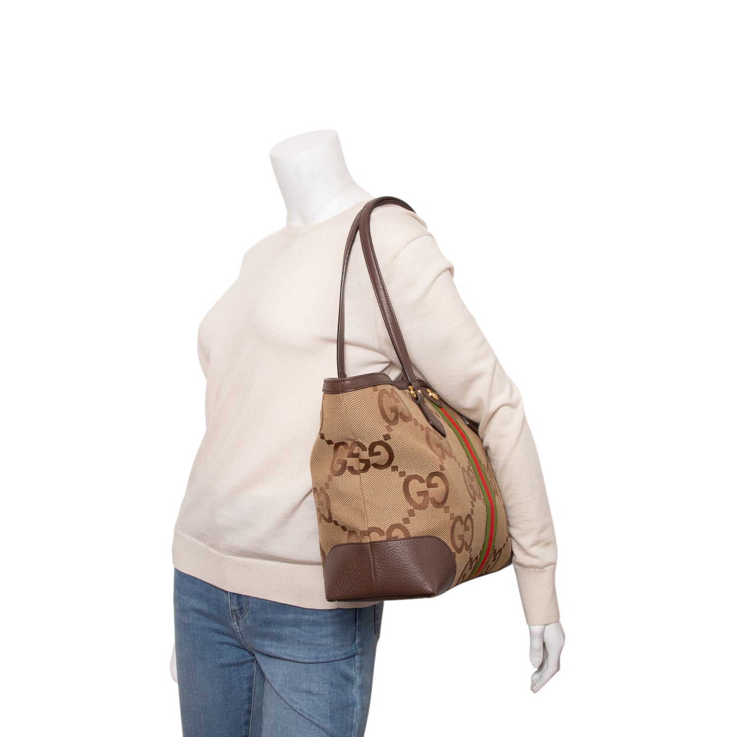 Gucci Brown Monogram Jumbo GG Textured Dollar Calfskin Medium Ophidia Shopping Tote