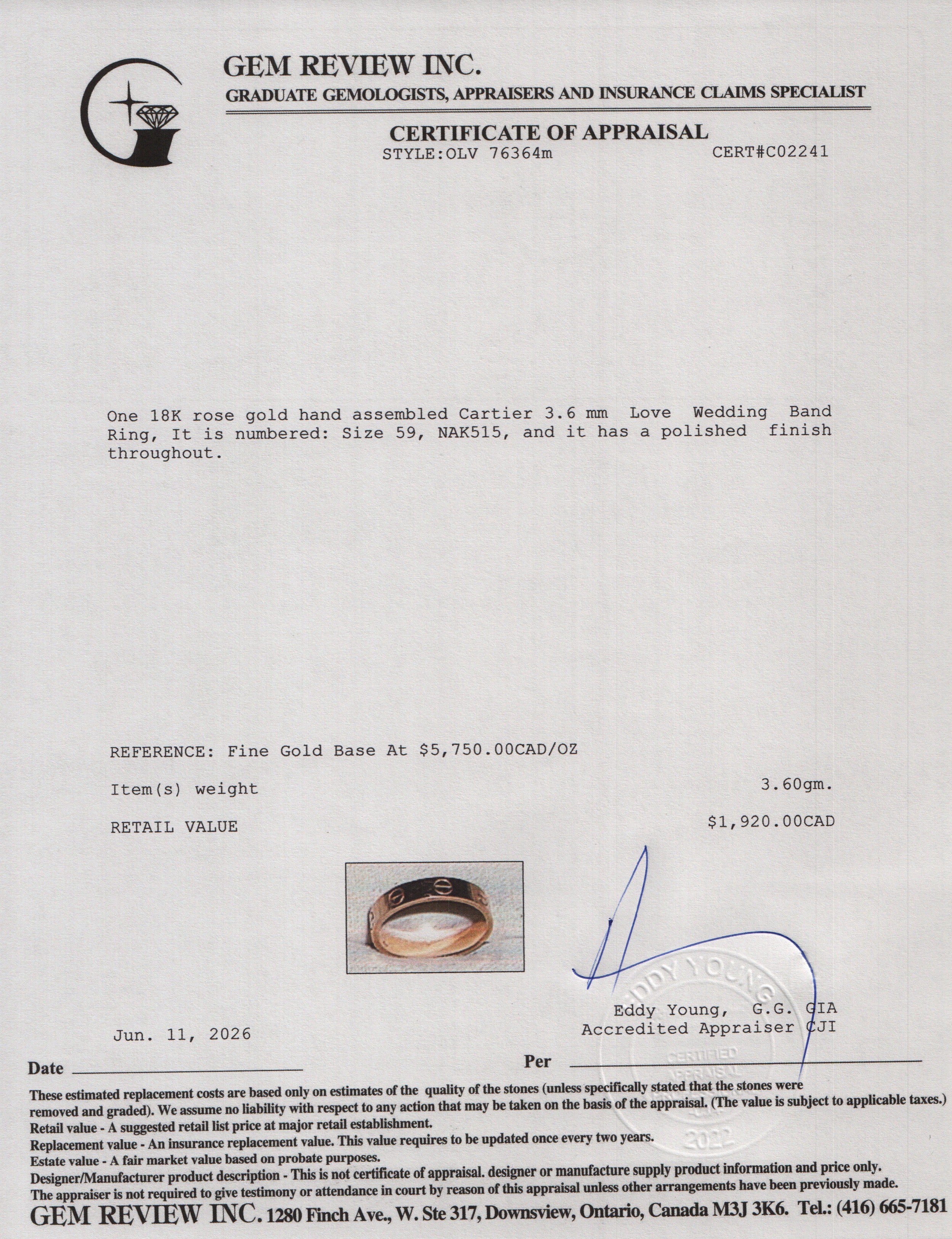 Cartier 2022 18k Rose Gold 3.6 mm Love Wedding Band Ring, Size 59 8.75 w/ Box & Certificate