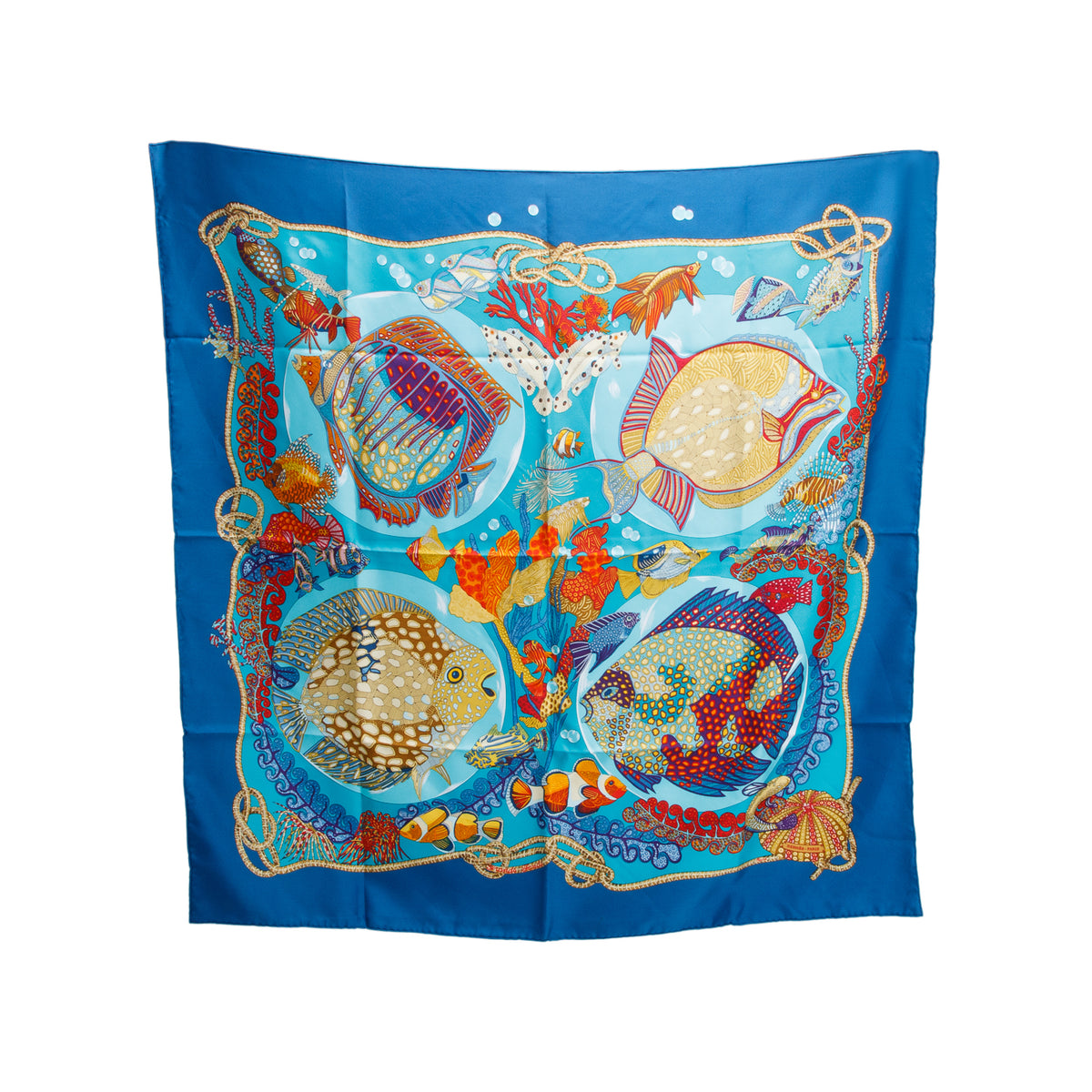 Hermes Blue & Multicolor 'Grands Fonds' Silk Scarf 90 w/ Box
