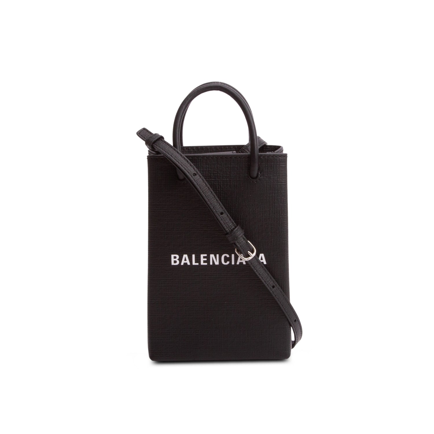 Balenciaga Black Calfskin Logo Shopping Phone Holder Bag