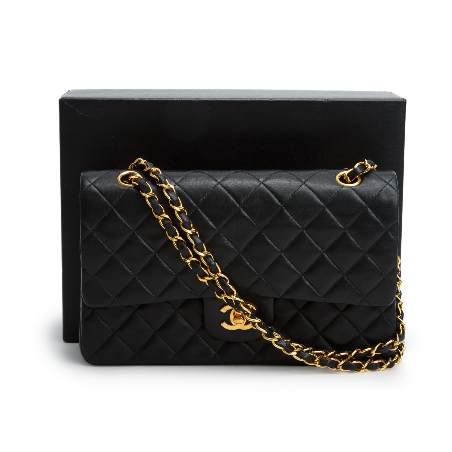 Chanel Vintage Black Quilted Lambskin Leather Classic Medium Double Flap Bag w/ Box