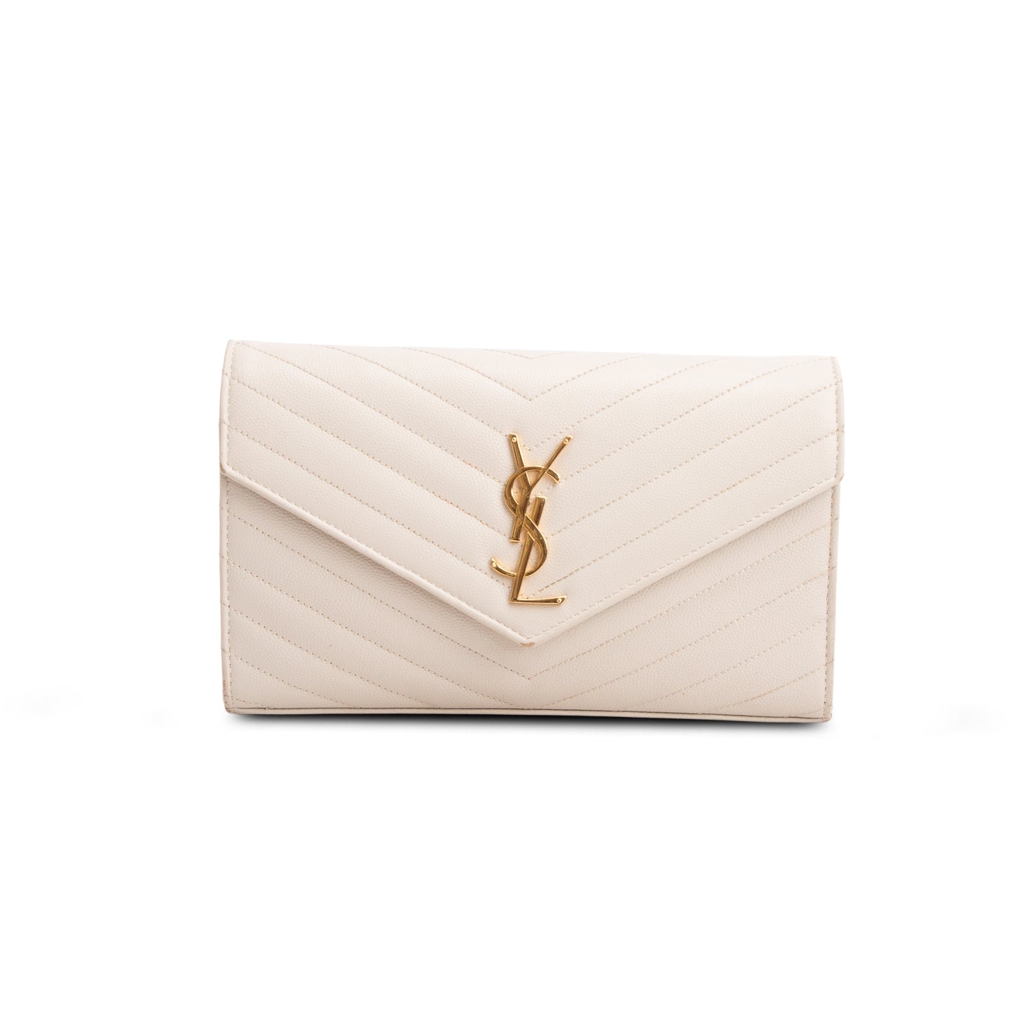 Saint Laurent 2020 Cream Grain De Poudre Chevron Cassandre Envelope Chain Wallet