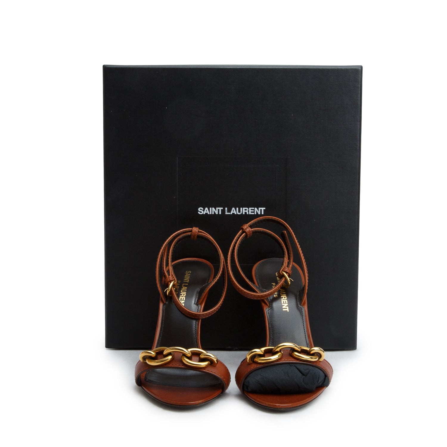 Saint Laurent Brown Leather Le Maillon 95 Heeled Sandals, Size 36 w/ Box