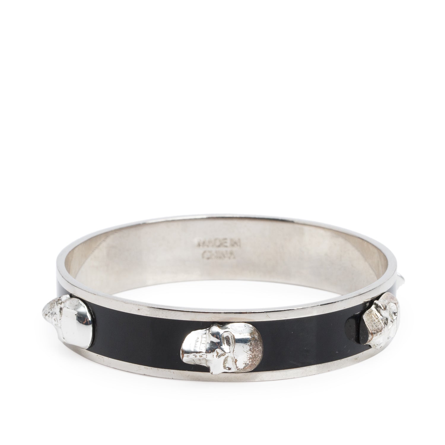 Alexander Mcqueen Silver-Tone Metal Black Enamel 3D Skull Bangle
