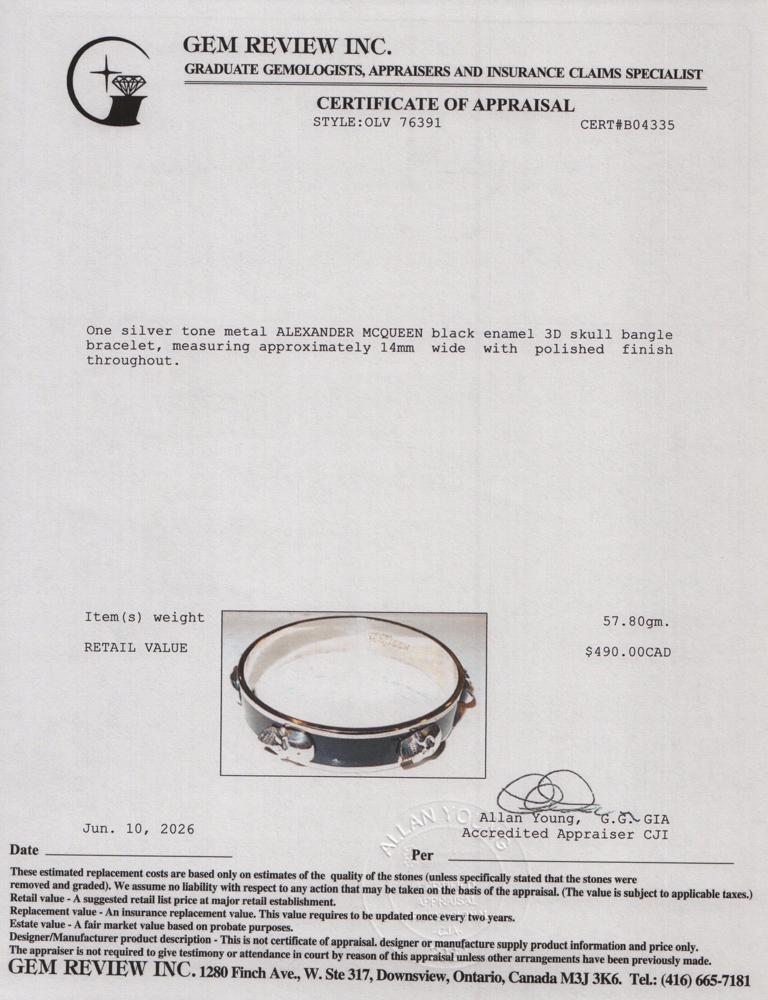 Alexander Mcqueen Silver-Tone Metal Black Enamel 3D Skull Bangle