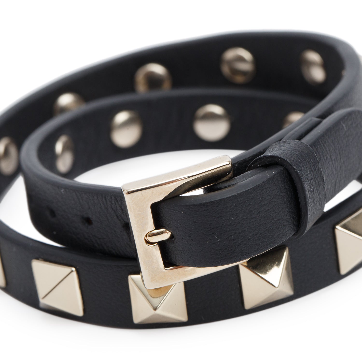 Valentino Silver Tone Metal Black Leather Rockstud Double Wrap Bracelet w/ Box