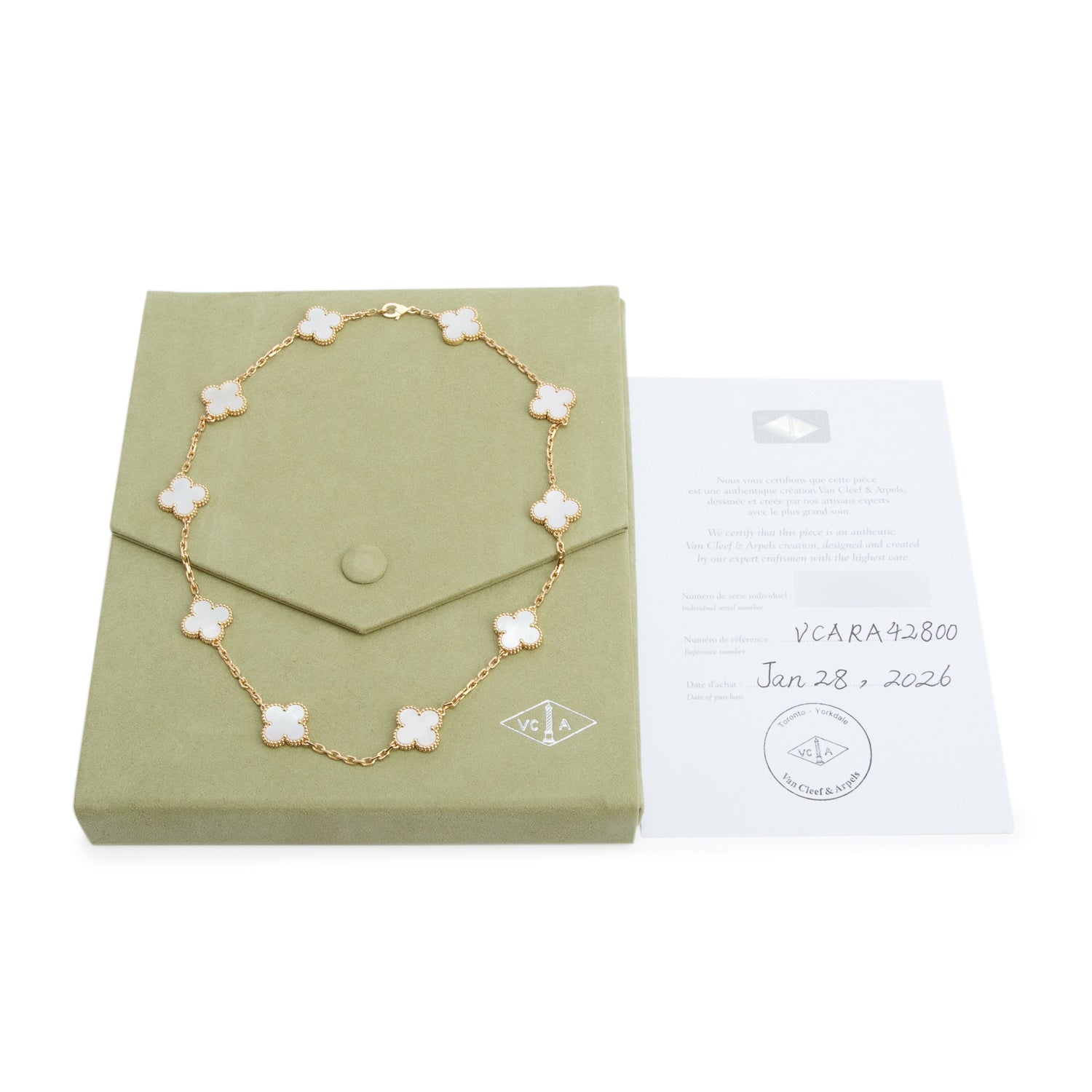 Van Cleef & Arpels 2026 18k Yellow Gold Vintage Alhambra 10 Motif Mother of Pearl Necklace w/ Box & Certificate