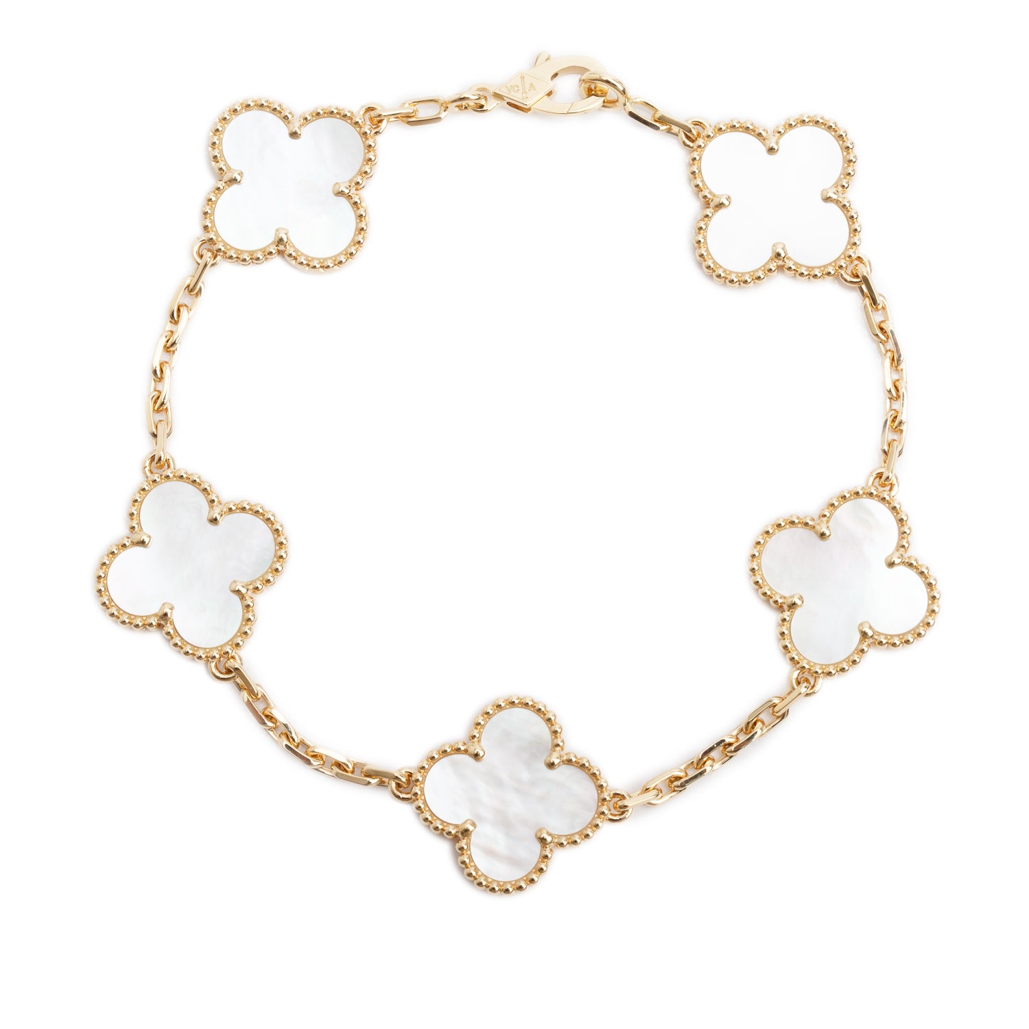 Van Cleef & Arpels 2026 18k Yellow Gold Vintage Alhambra 5 Motif Mother of Pearl Bracelet w/ Box & Certificate