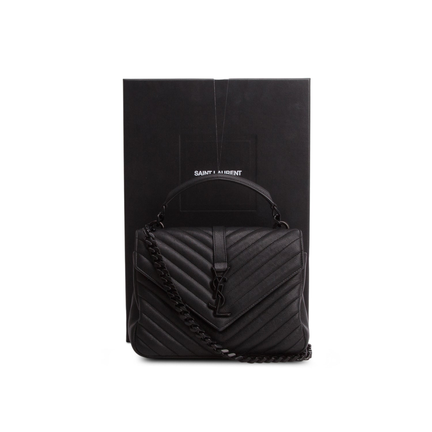 Saint Laurent 2022 Black Sheepskin Matelasse Chevron Monogram Monochrome Medium College Bag w/ Box
