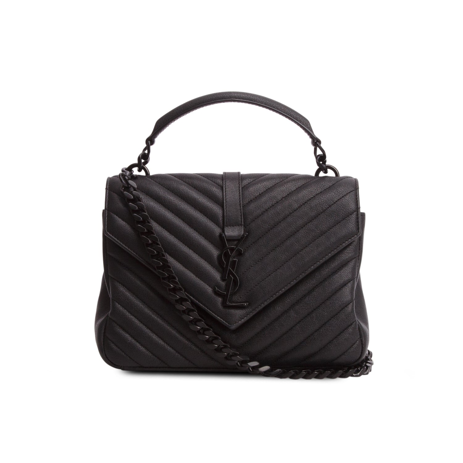 Saint Laurent 2022 Black Sheepskin Matelasse Chevron Monogram Monochrome Medium College Bag w/ Box