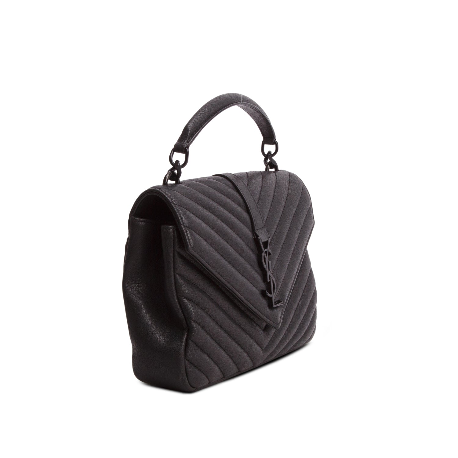 Saint Laurent 2022 Black Sheepskin Matelasse Chevron Monogram Monochrome Medium College Bag w/ Box