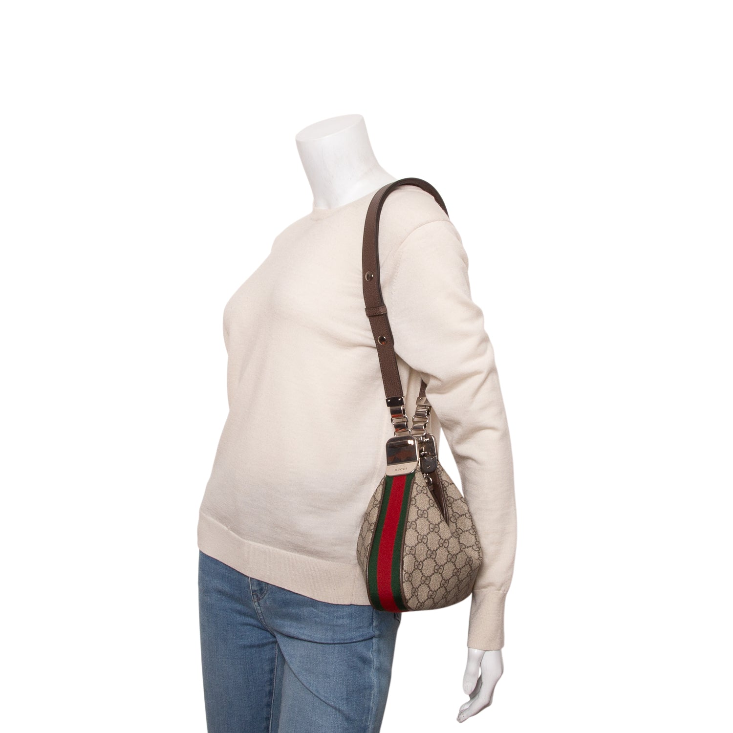 Gucci GG Supreme Monogram Textured Calfskin Web Small Attache Shoulder Bag w/ Straps