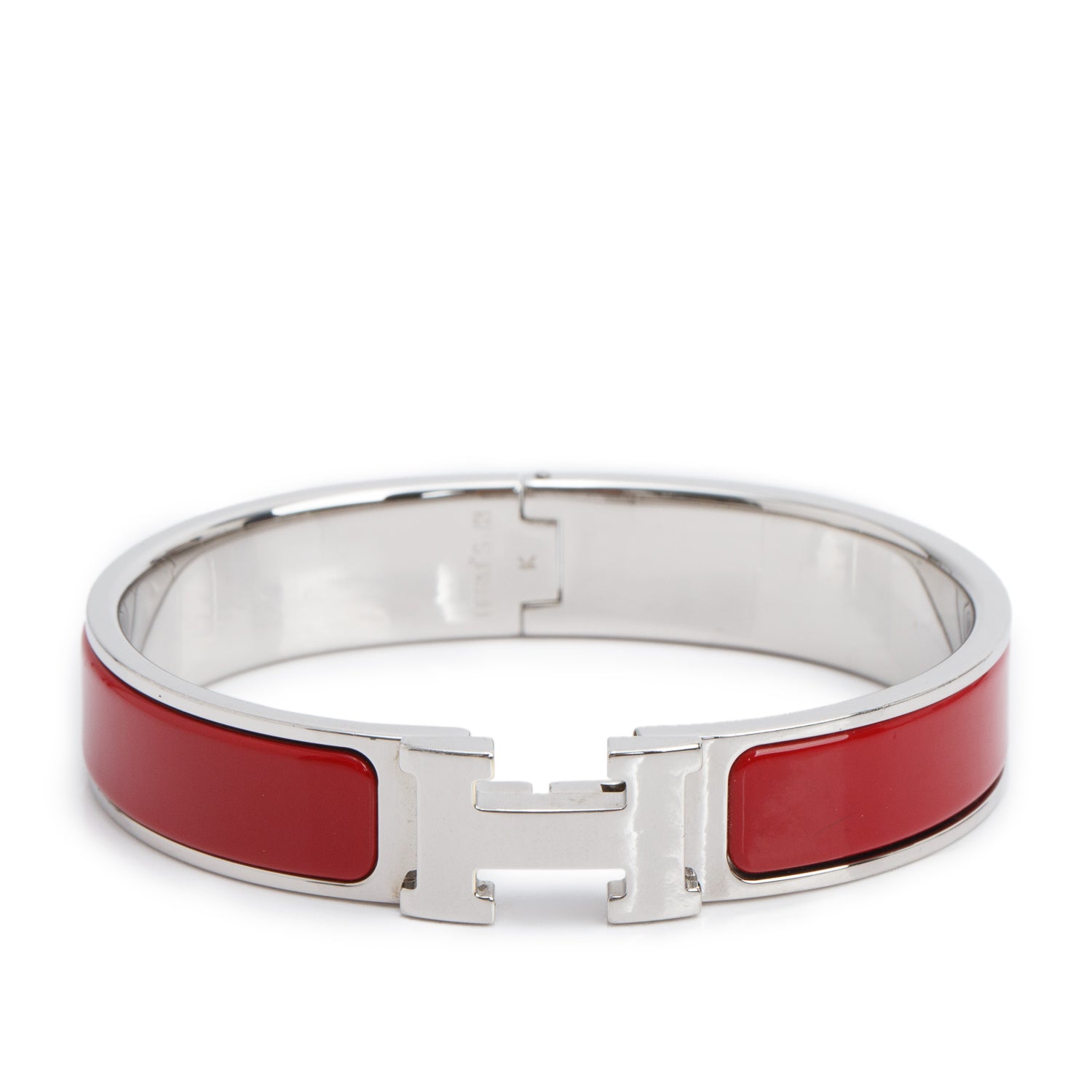 Hermes Palladium Plated Red Enamel 12 MM Clic H Bracelet w/ Box