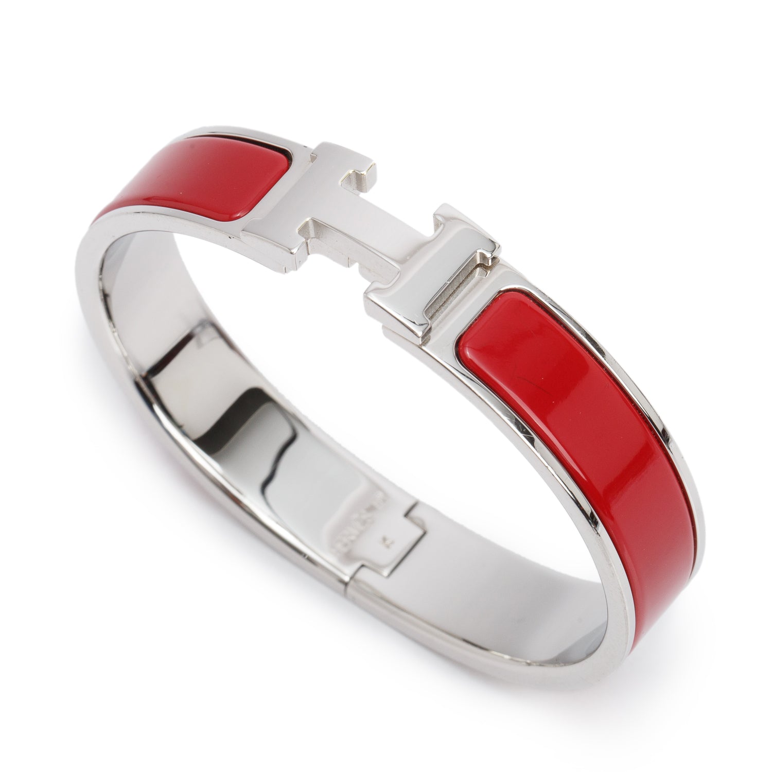 Hermes Palladium Plated Red Enamel 12 MM Clic H Bracelet w/ Box