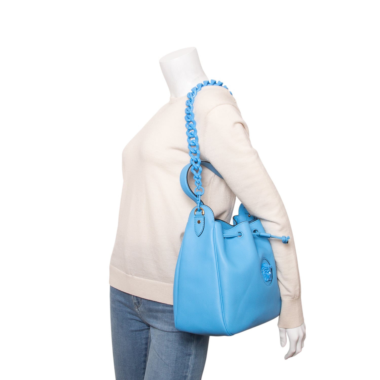 Versace Blue Grained Calfskin La Medusa Bucket Bag w/ Box & Straps