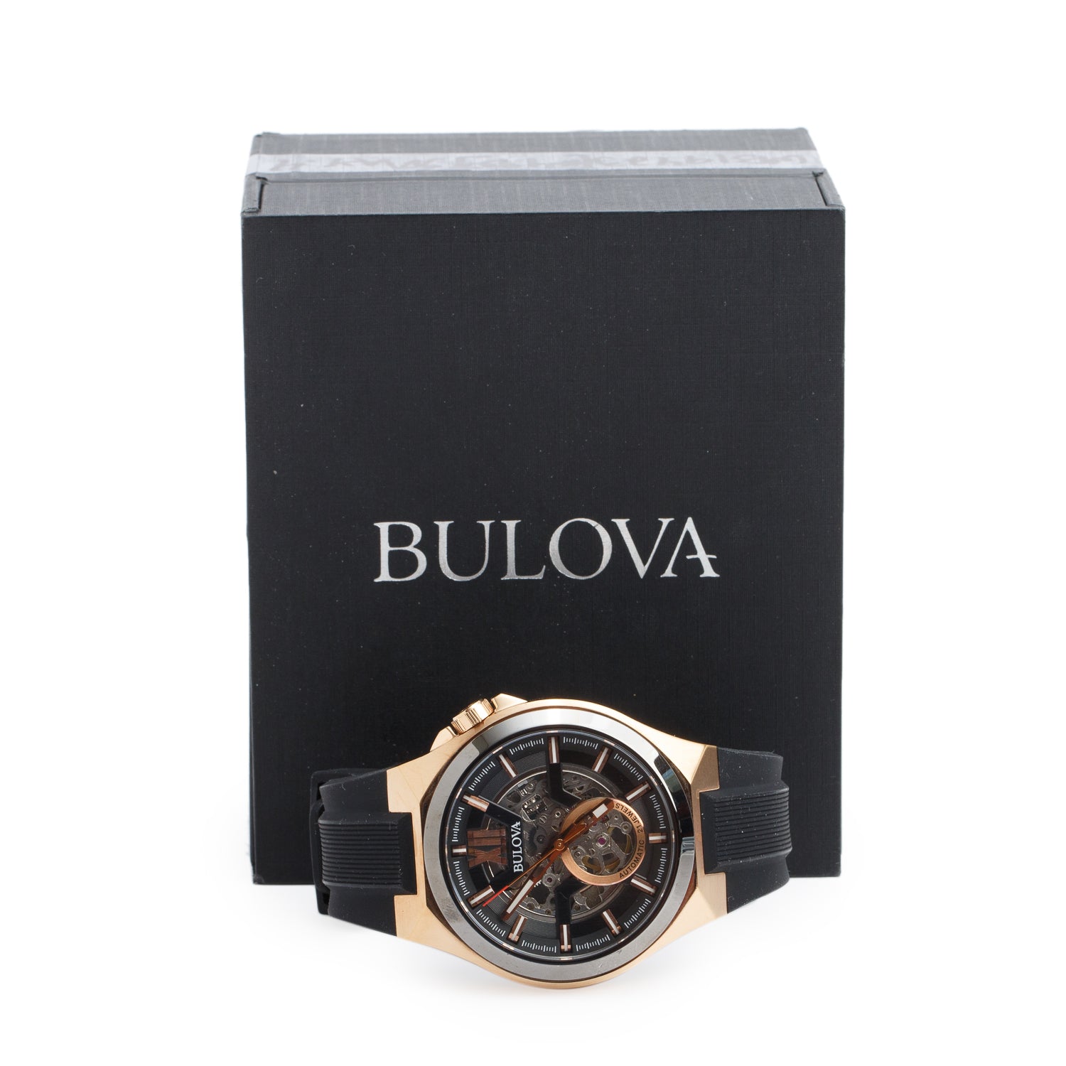 Bulova Rose Gold Plated Stainless Steel Maquina 46 MM Automatic Watch Skeleton Dial 98A177 w/ Box