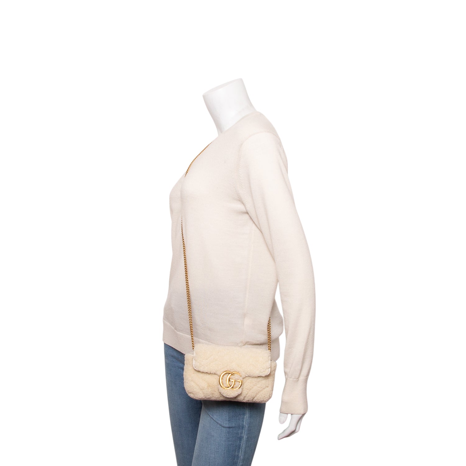 Gucci Cream Shearling GG Marmont Matelasse Super Mini Bag