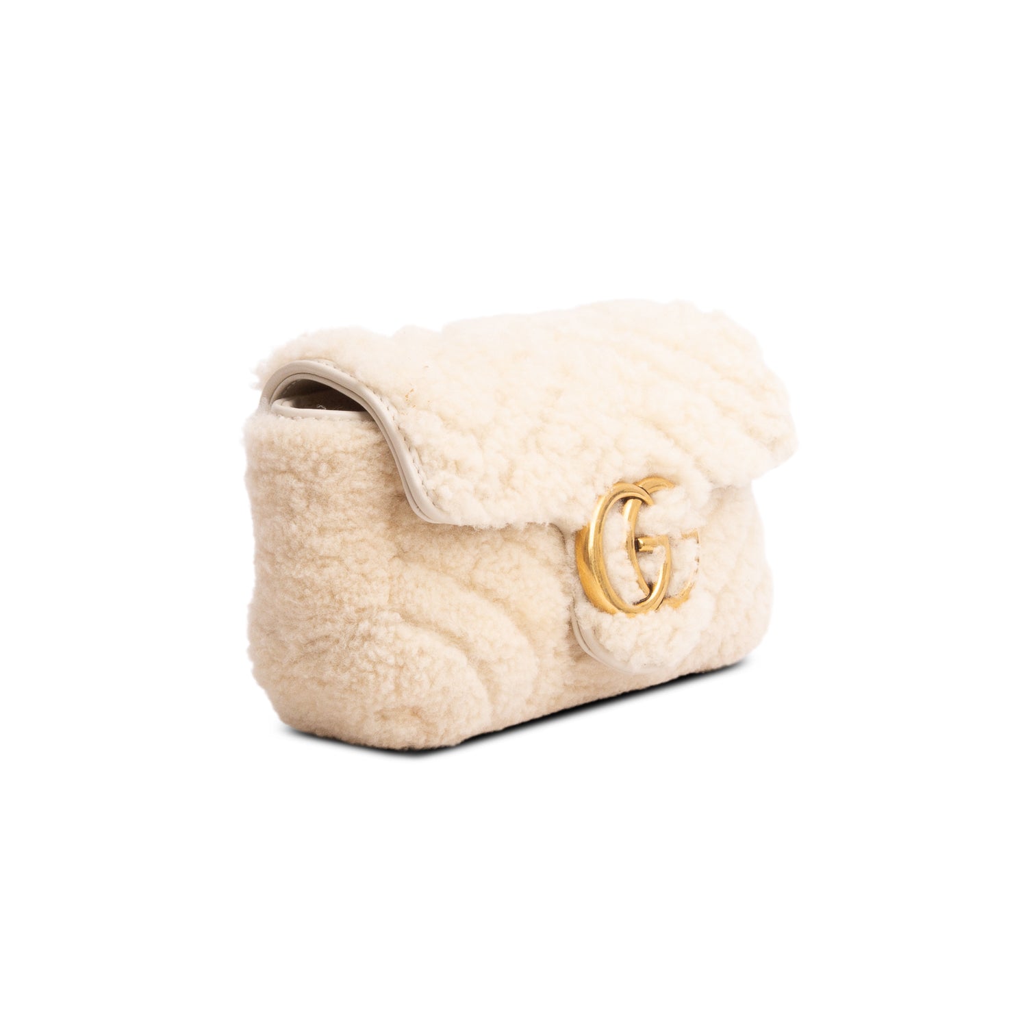 Gucci Cream Shearling GG Marmont Matelasse Super Mini Bag