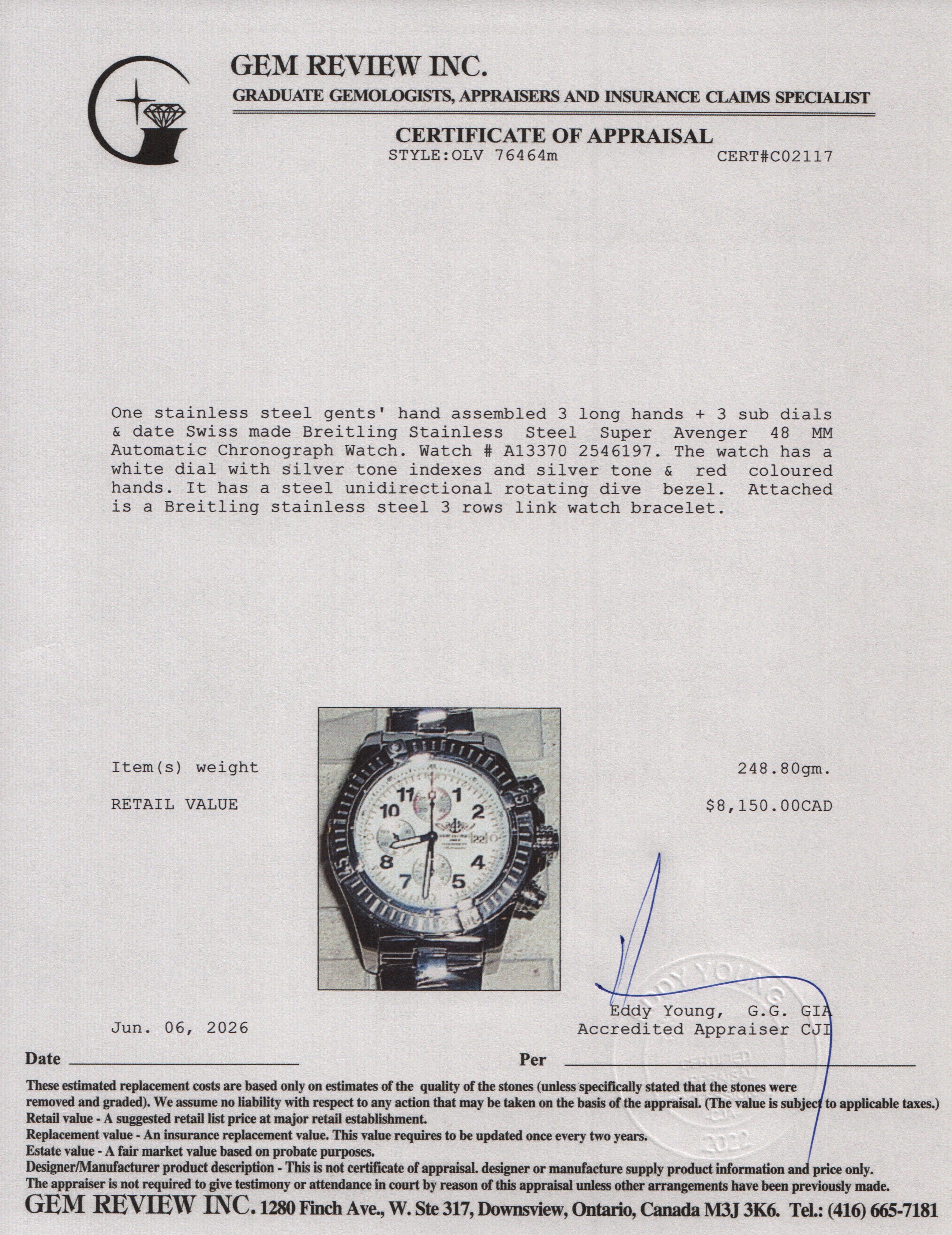 Breitling Stainless Steel Super Avenger 48 MM Automatic Chronograph Watch White Dial A13370 w/ Box & Papers