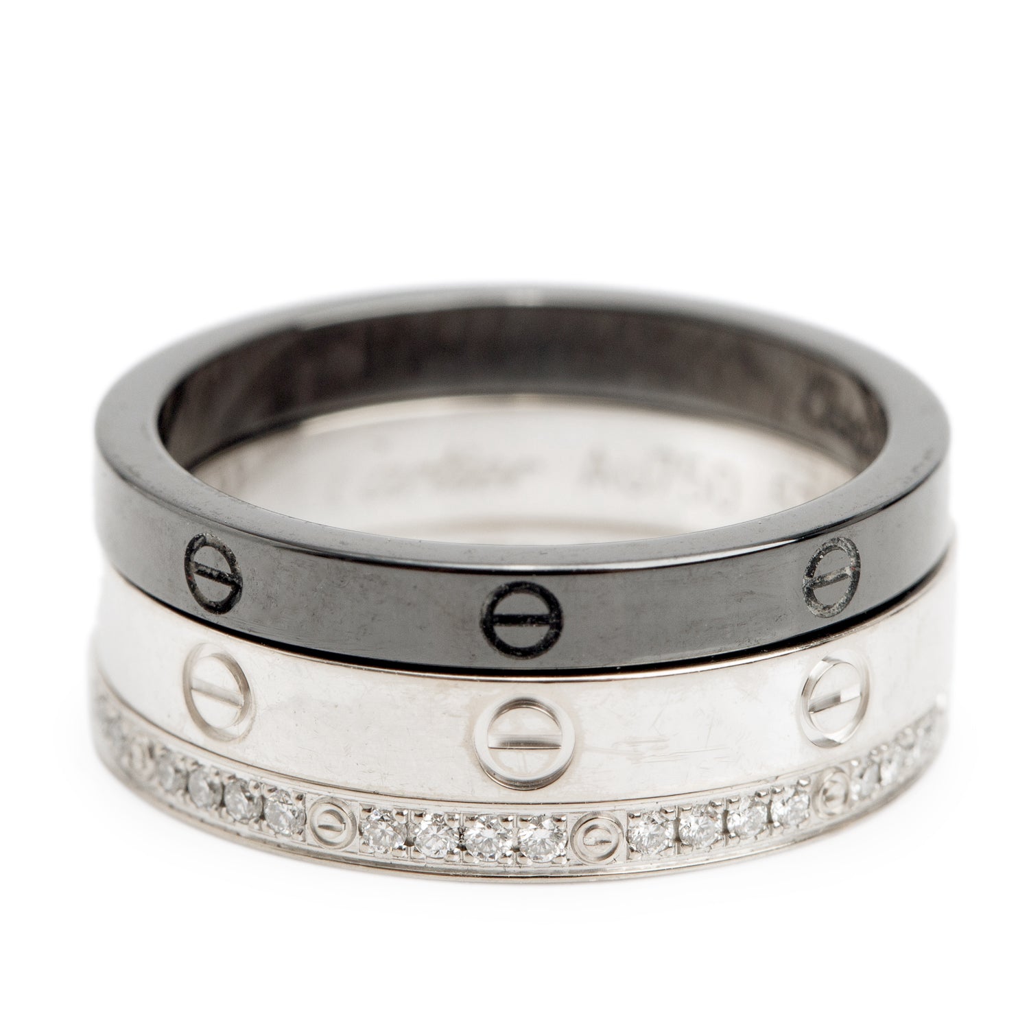 Cartier 18k White Gold & Black Ceramic Half Paved Diamond Ring Set, Size 53 6.5 w/ Box & Certificate