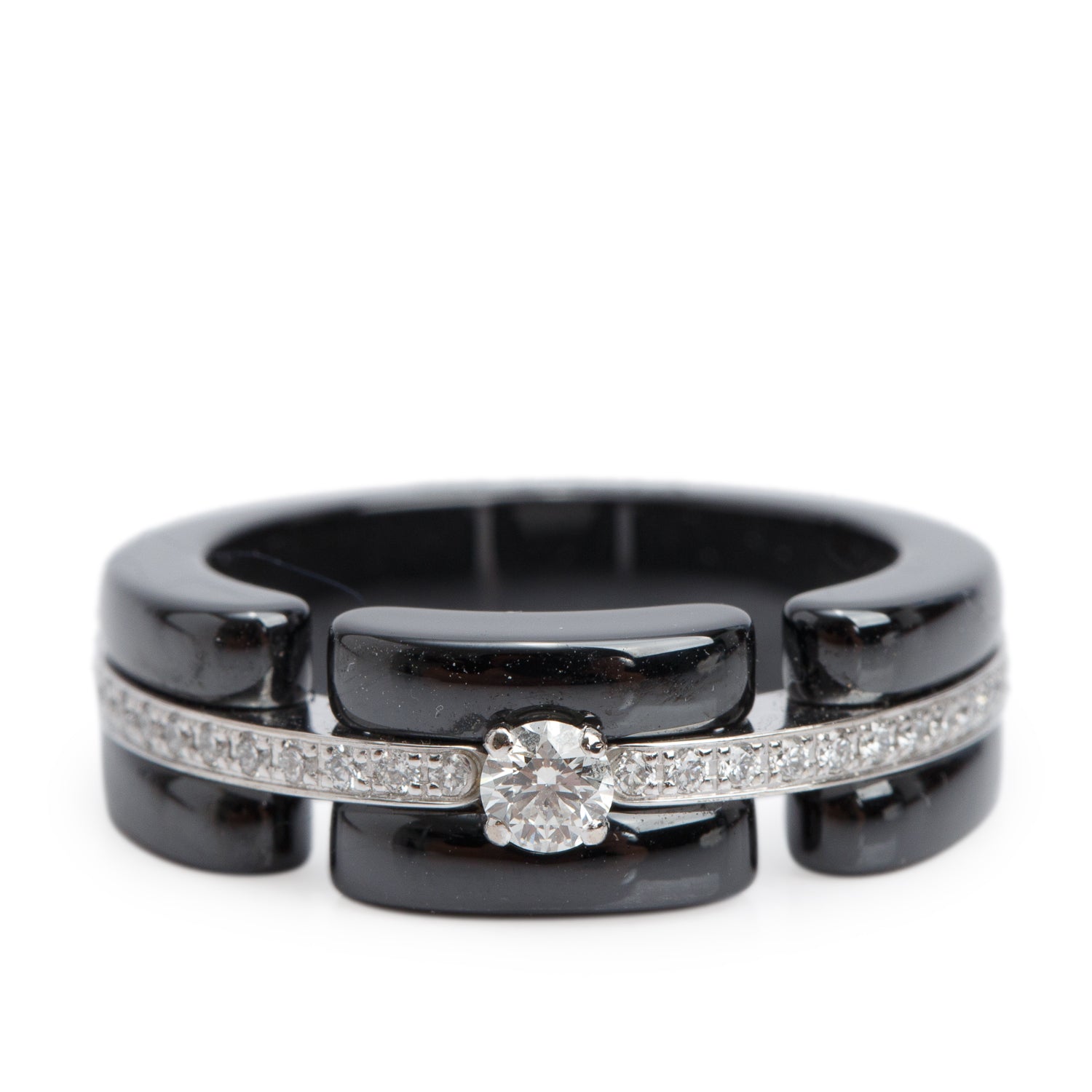 Chanel 18k White Gold & Ceramic Diamond Ultra Ring, Size 52 6 w/ Box