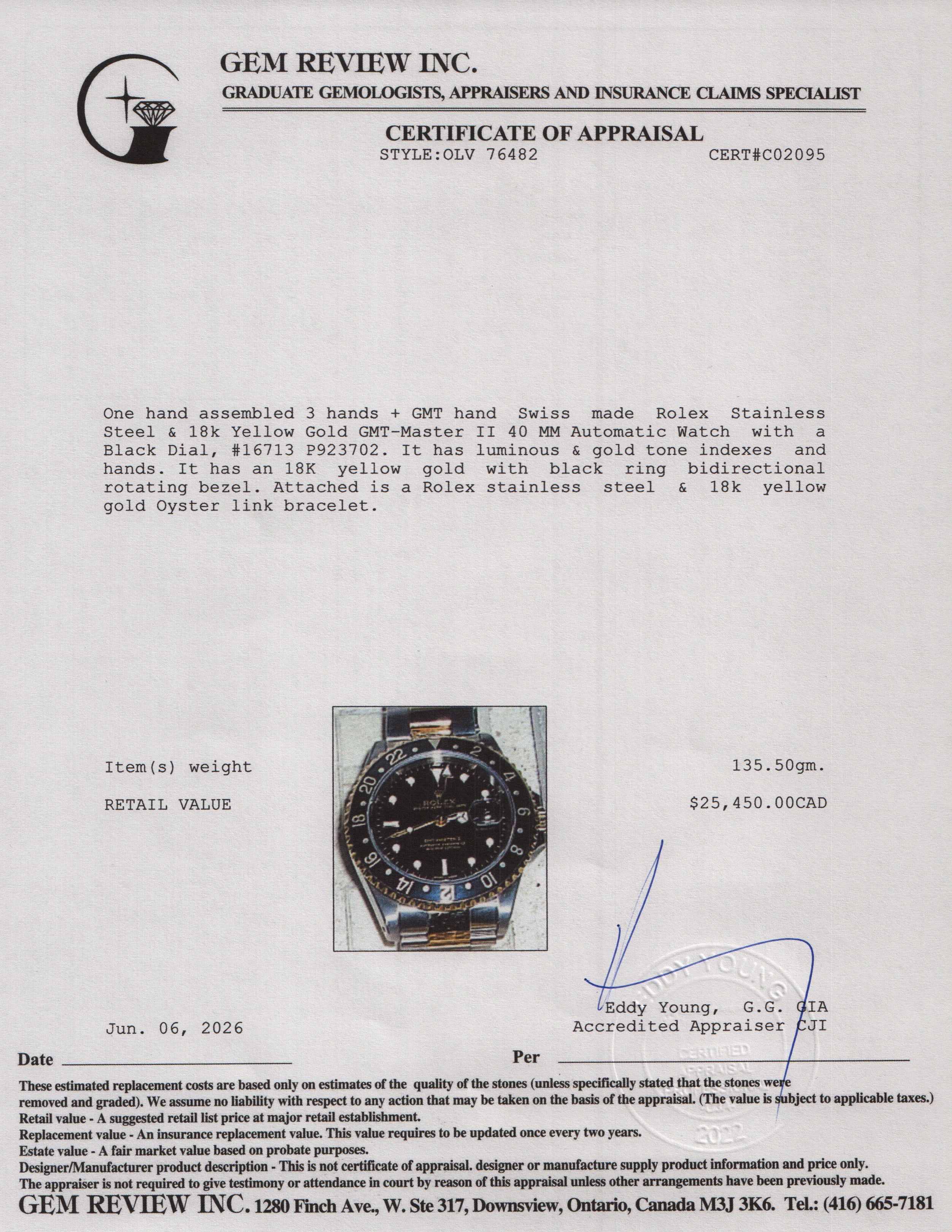 Rolex Stainless Steel & 18k Yellow Gold GMT-Master II 40 MM Automatic Watch Black Dial 16713