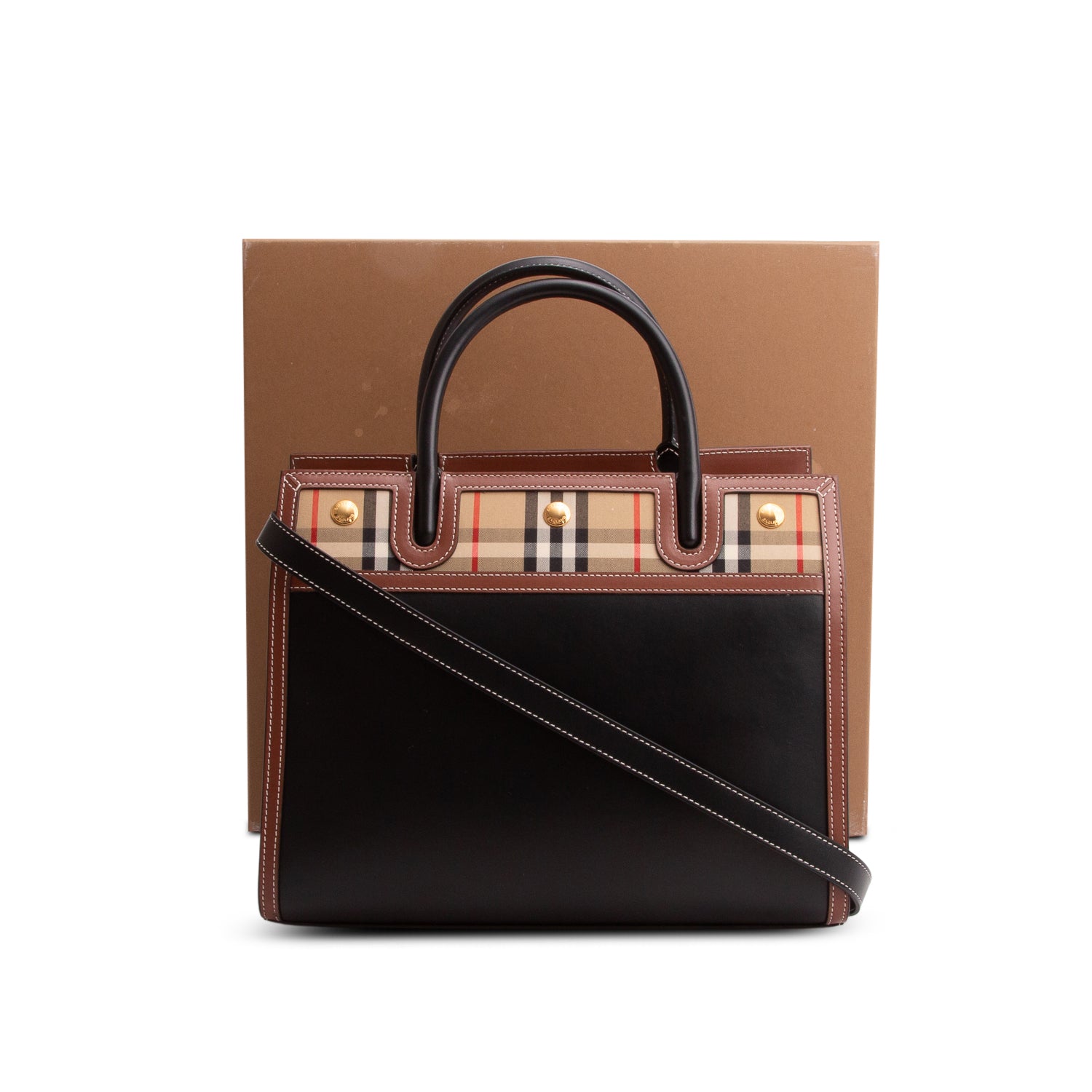 Burberry Black Calfskin Vintage Check Small Two Handle Title Bag w/ Box & Strap