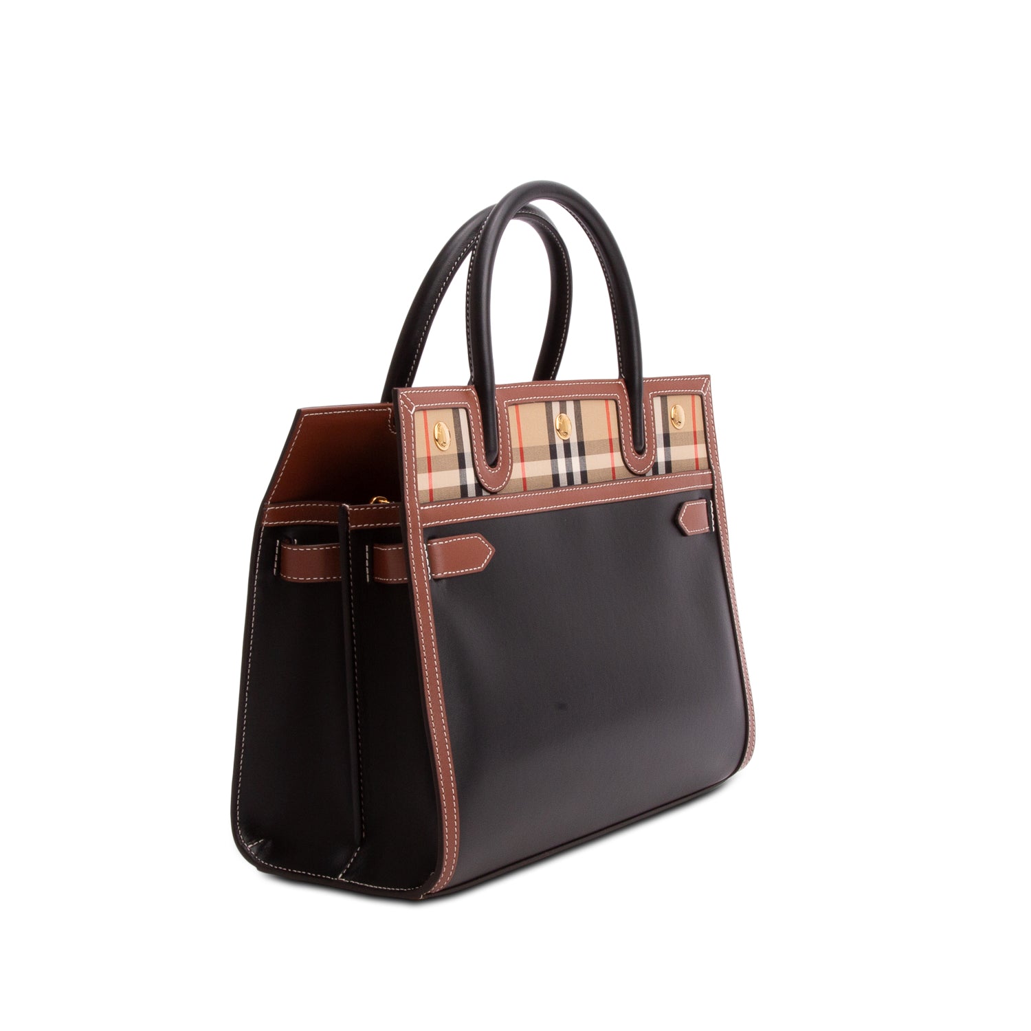 Burberry Black Calfskin Vintage Check Small Two Handle Title Bag w/ Box & Strap