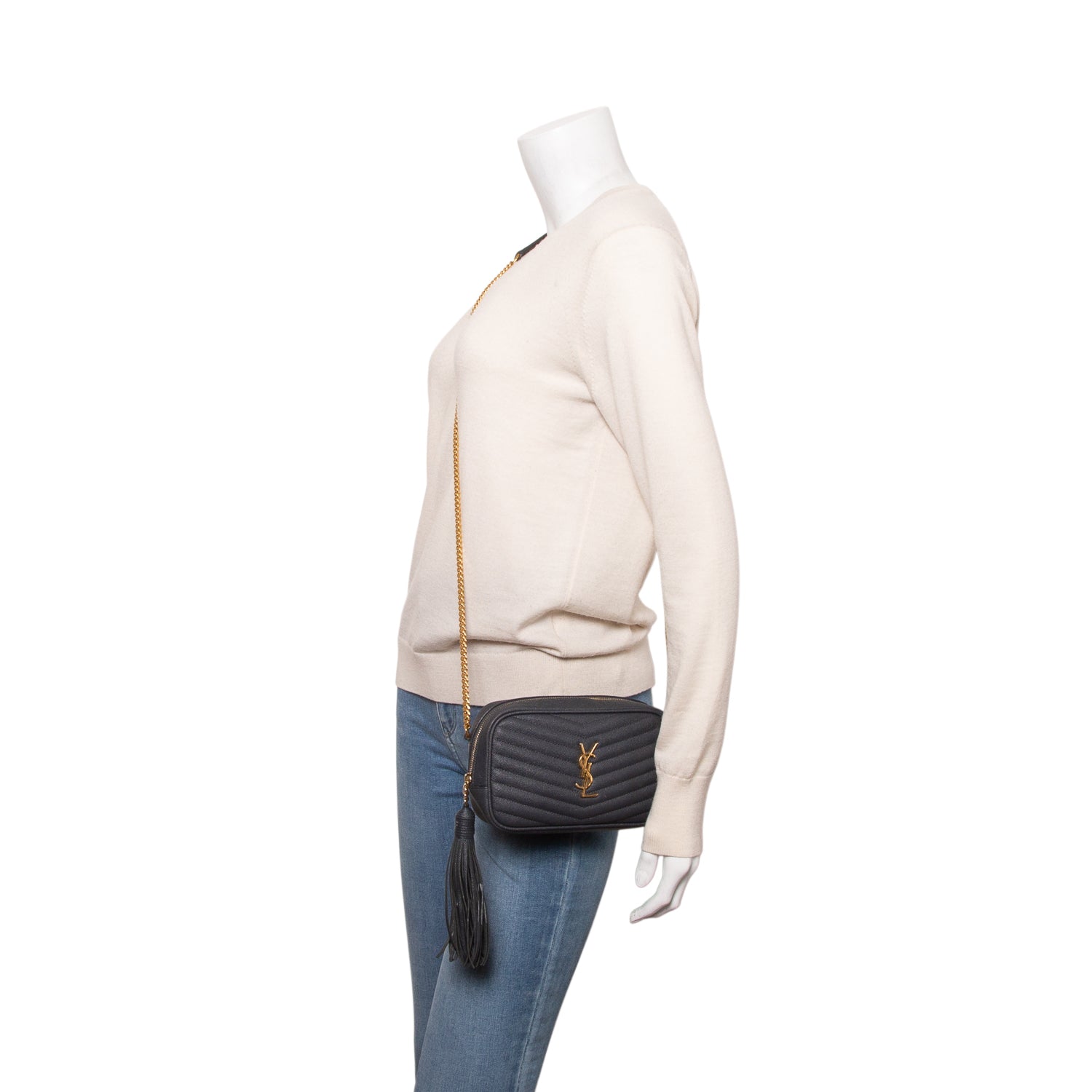 Saint Laurent Grey Grain de Poudre Matelasse Monogram Mini Lou Camera Bag w/ Receipt