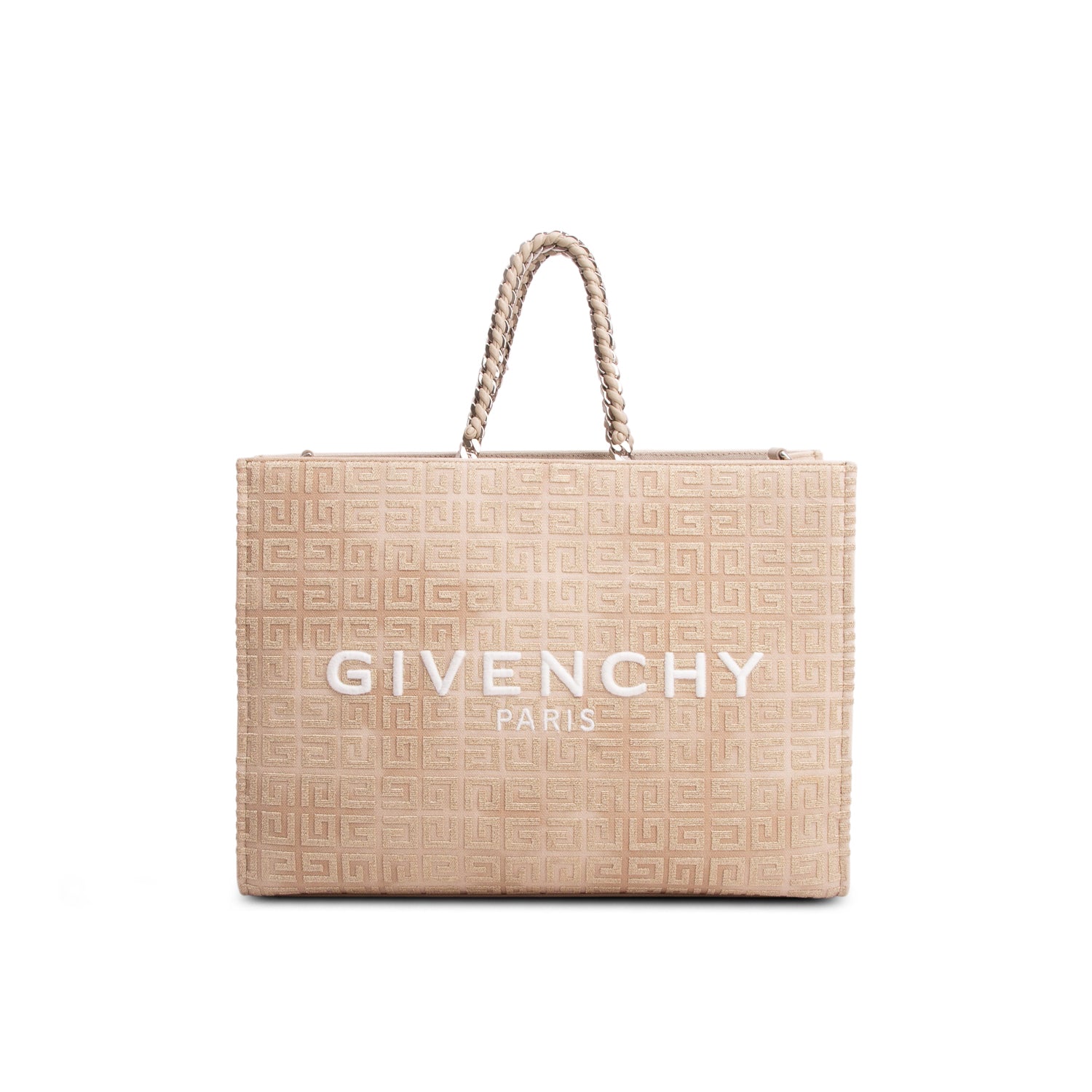 Givenchy 2023 Beige/Gold Canvas Jacquard 4G Medium Chain Tote w/ Strap