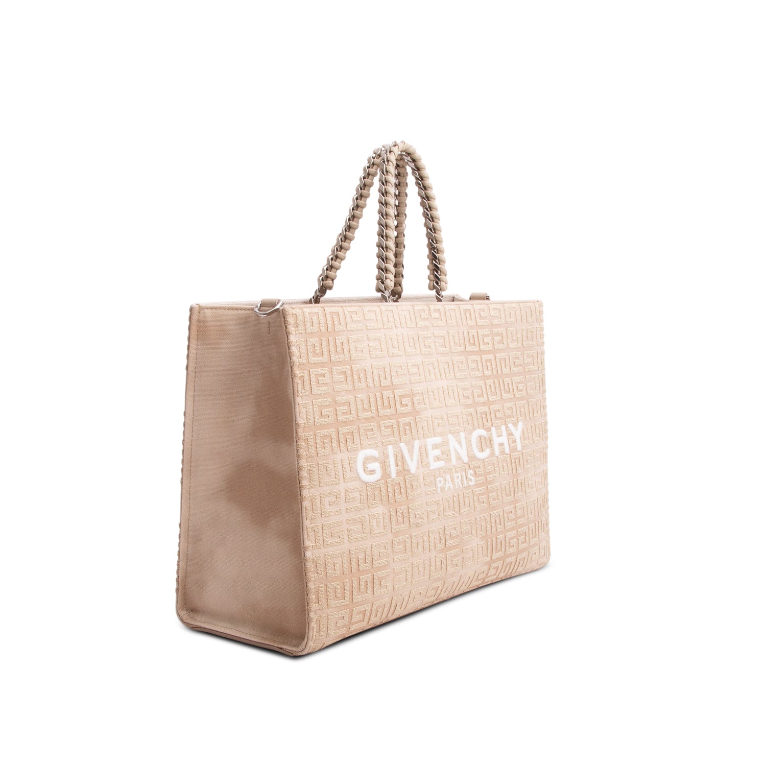 Givenchy 2023 Beige/Gold Canvas Jacquard 4G Medium Chain Tote w/ Strap