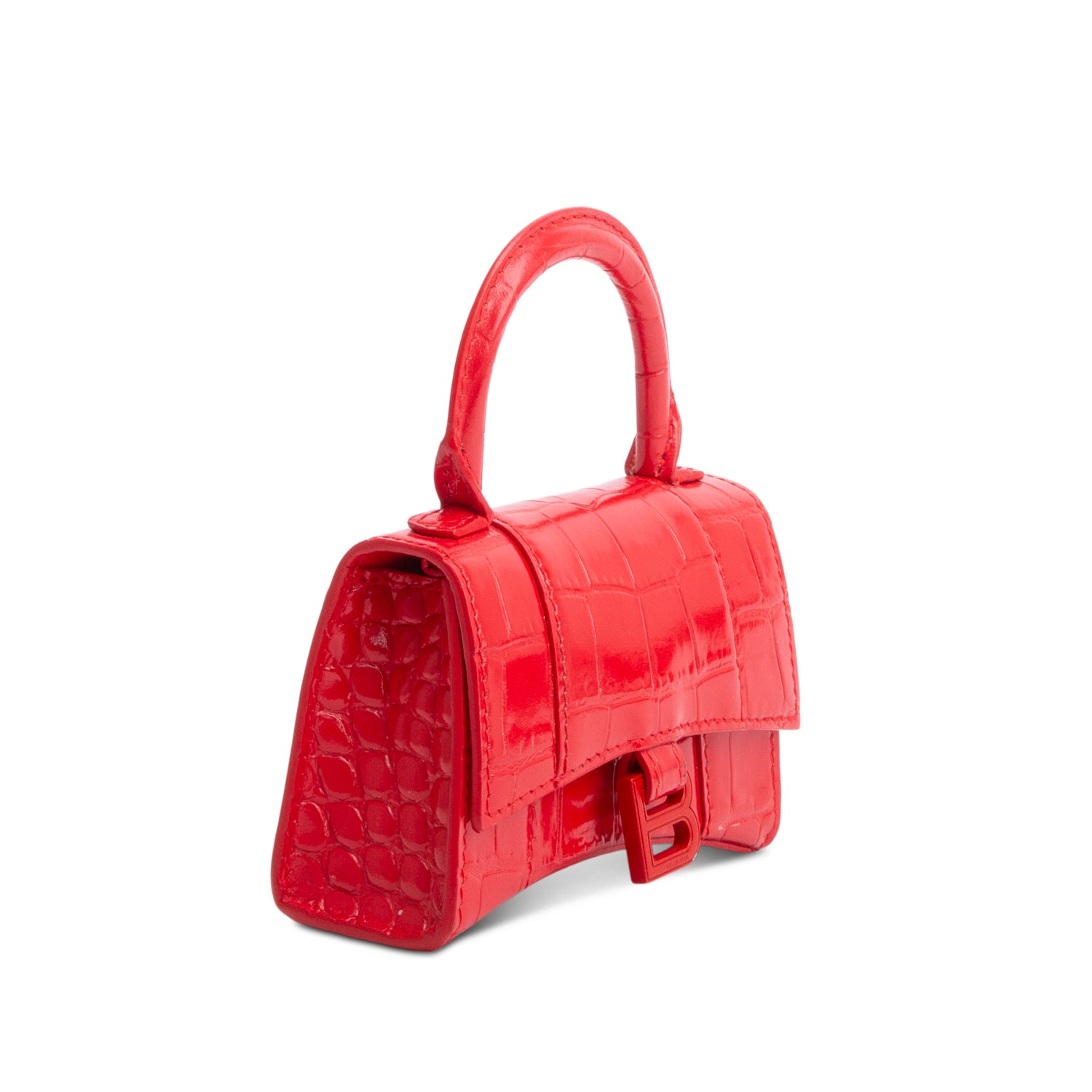 Balenciaga Red Shiny Calfskin Monochrome Croc Embossed Hourglass Top Handle Mini Bag w/ Strap