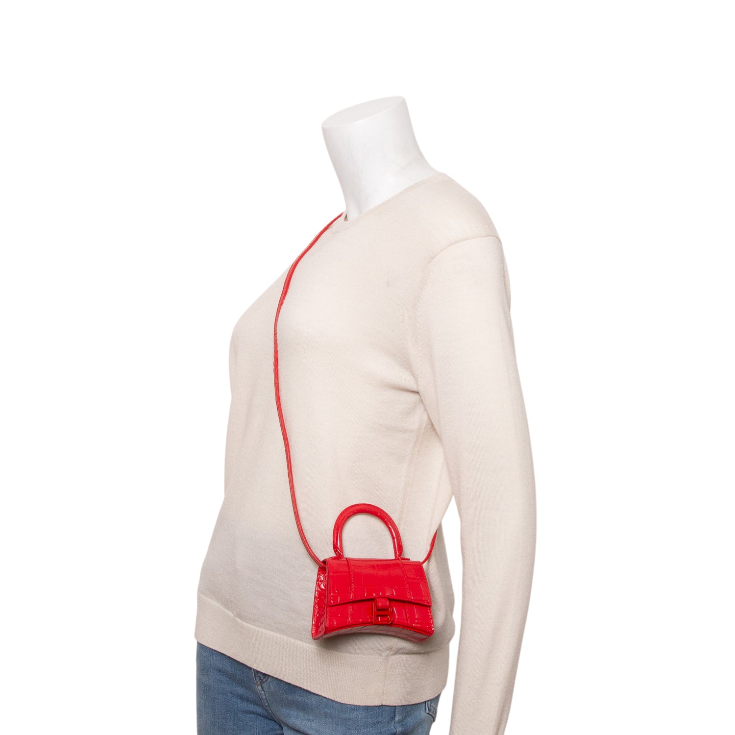 Balenciaga Red Shiny Calfskin Monochrome Croc Embossed Hourglass Top Handle Mini Bag w/ Strap