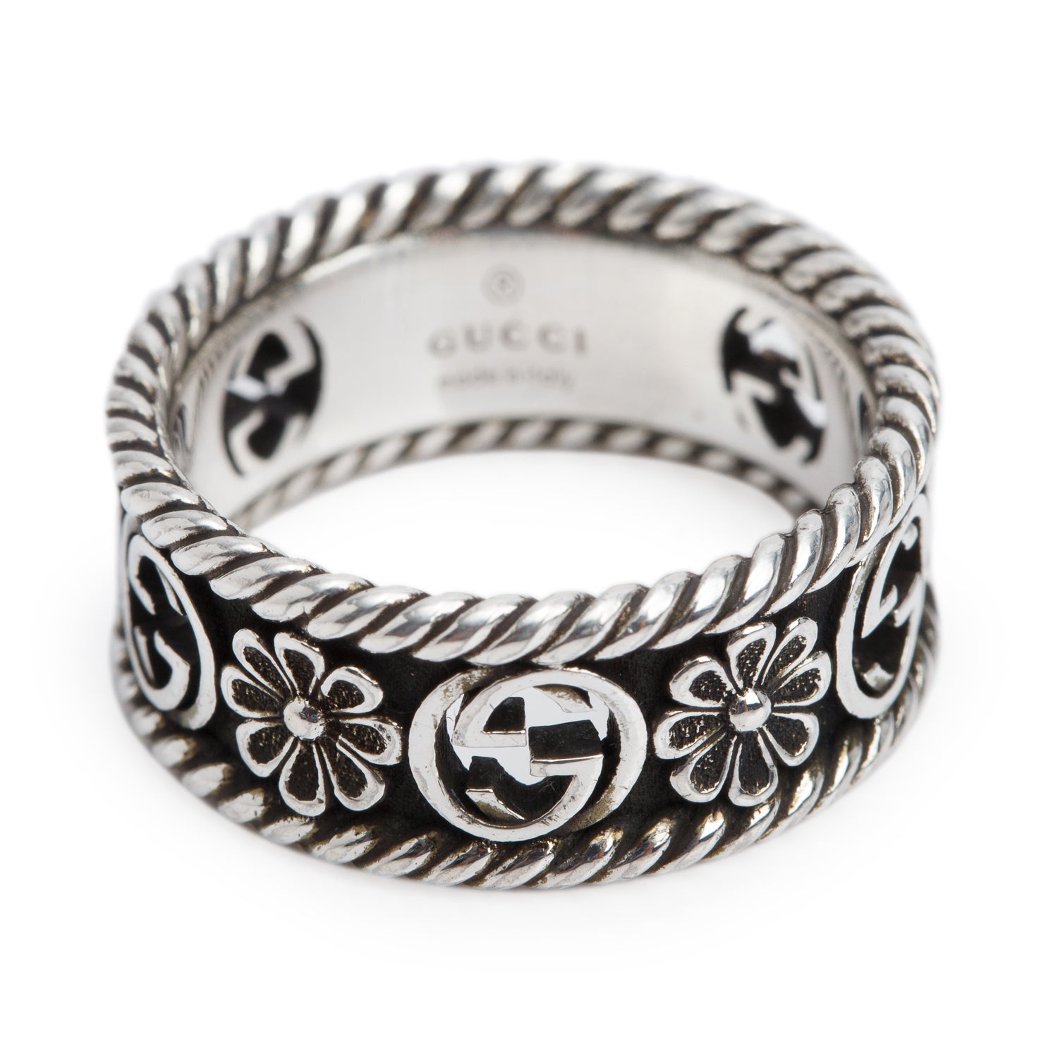 Gucci Sterling Silver Interlocking G Flower Band Ring, Size 14 6.5