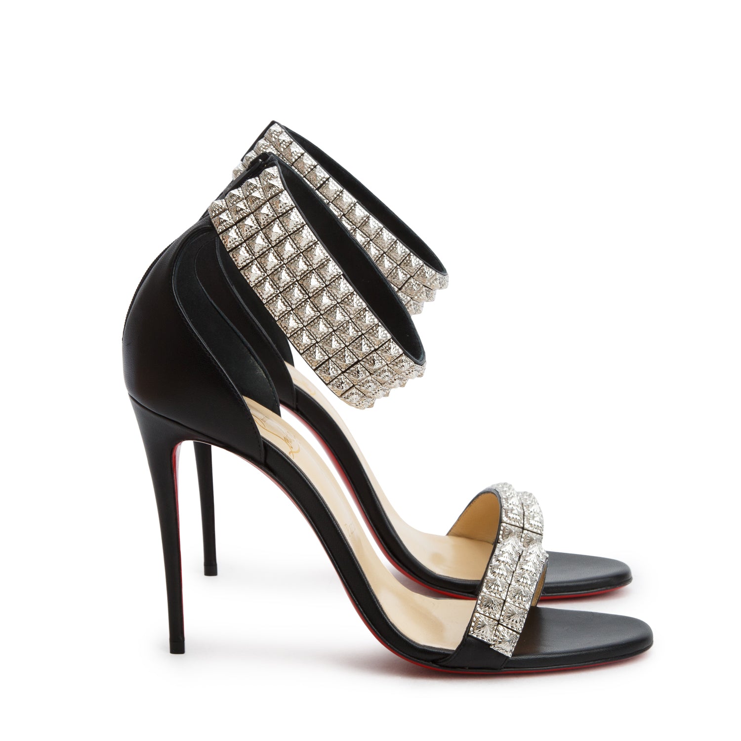 Christian Louboutin Black Nappa Leather Proyadora 100 Studded Sandals, Women's Size 40 w/ Box