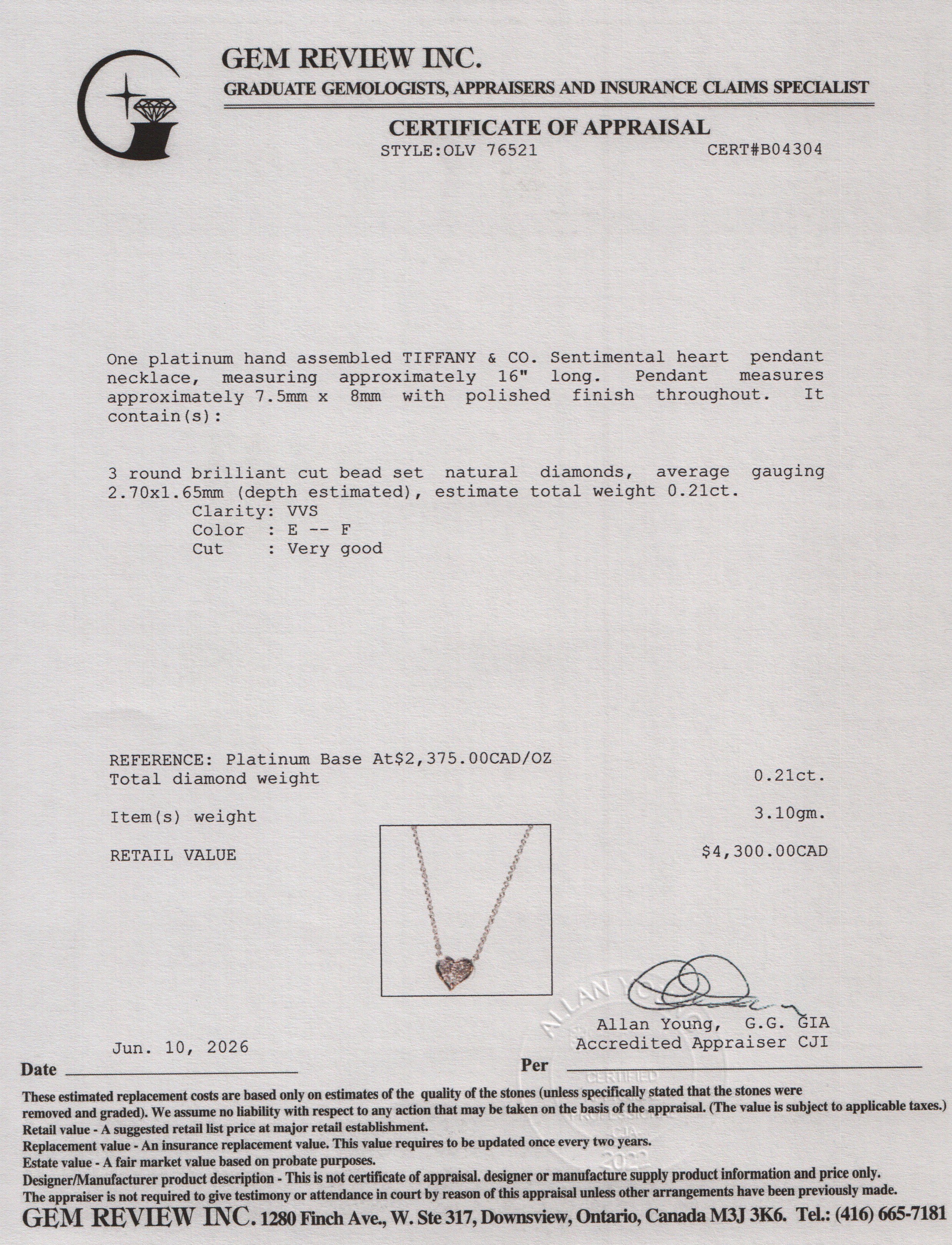 Tiffany & Co. Platinum 3 Diamond Sentimental Heart Pendant Necklace w/ Box