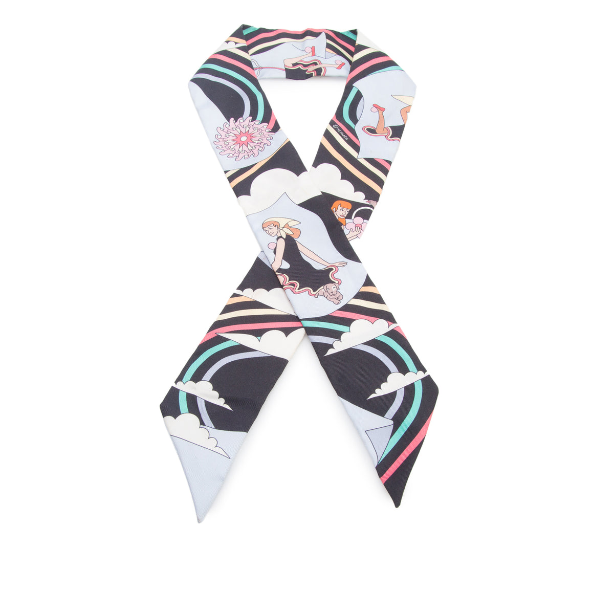 Hermes Blue/Black Multicolor 'Carres Volants' Silk Twilly w/ Box