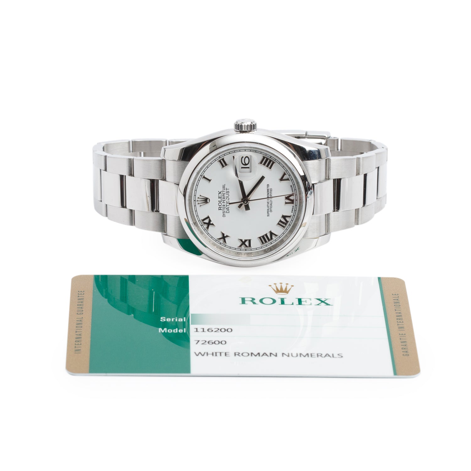 Rolex Stainless Steel Datejust 36 MM Automatic Watch White Roman Numeral Dial 116200 w/ Papers