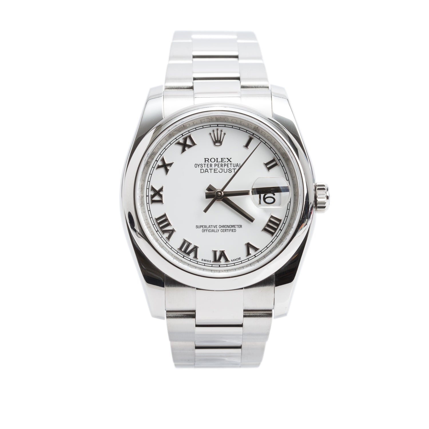 Rolex Stainless Steel Datejust 36 MM Automatic Watch White Roman Numeral Dial 116200 w/ Papers