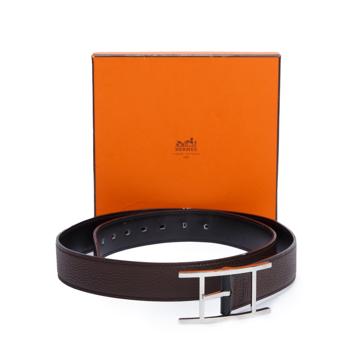 Hermes Noir/Chocolat Box Togo Leather Quentin 32MM Reversible Belt 100 w/ Box