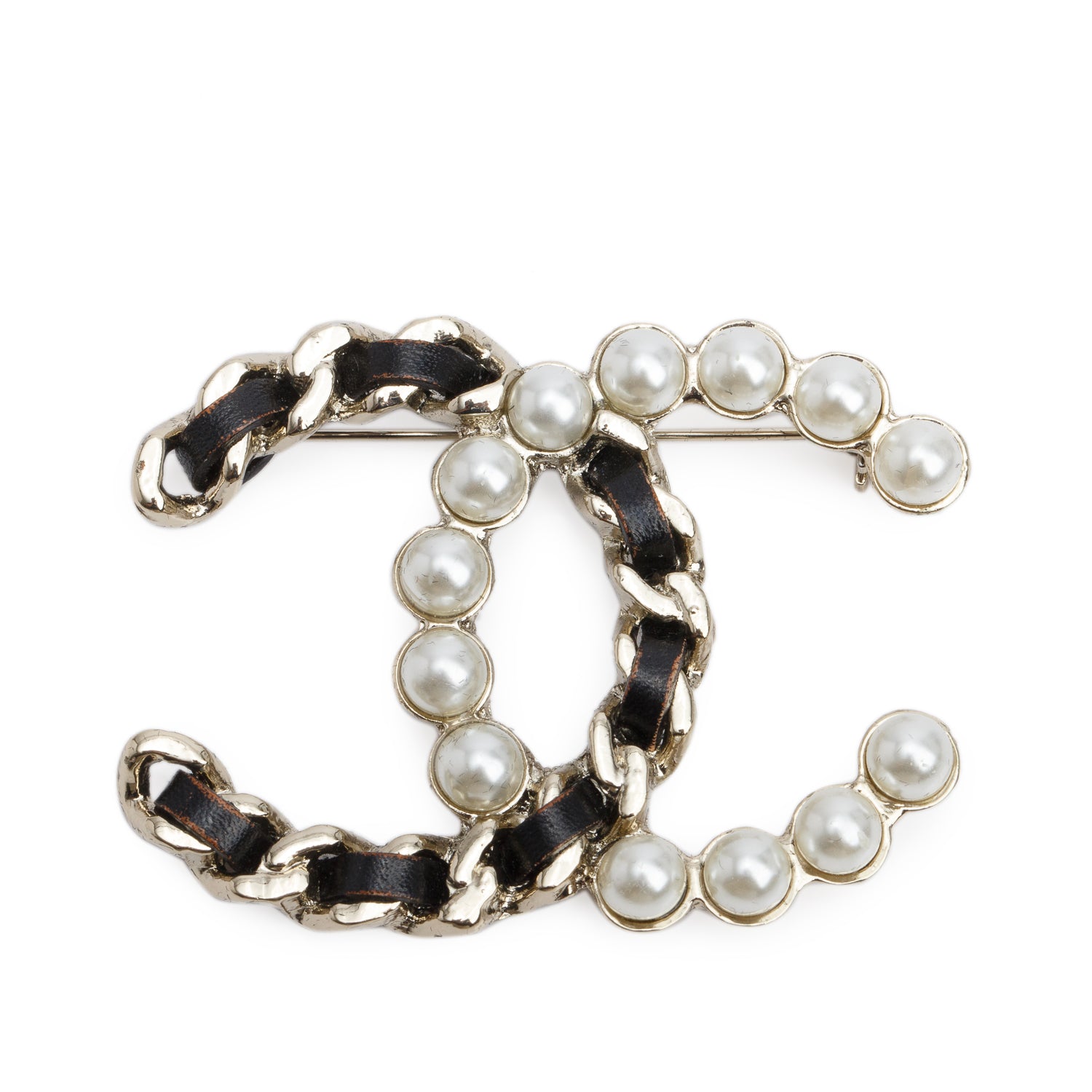 Chanel Gold Plated Faux Pearl & Leather CC Brooch w/ Box