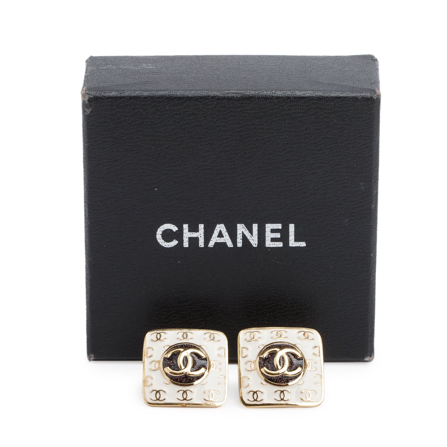 Chanel 2024 Gold Plated Enamel CC Square Stud Earrings w/ Box
