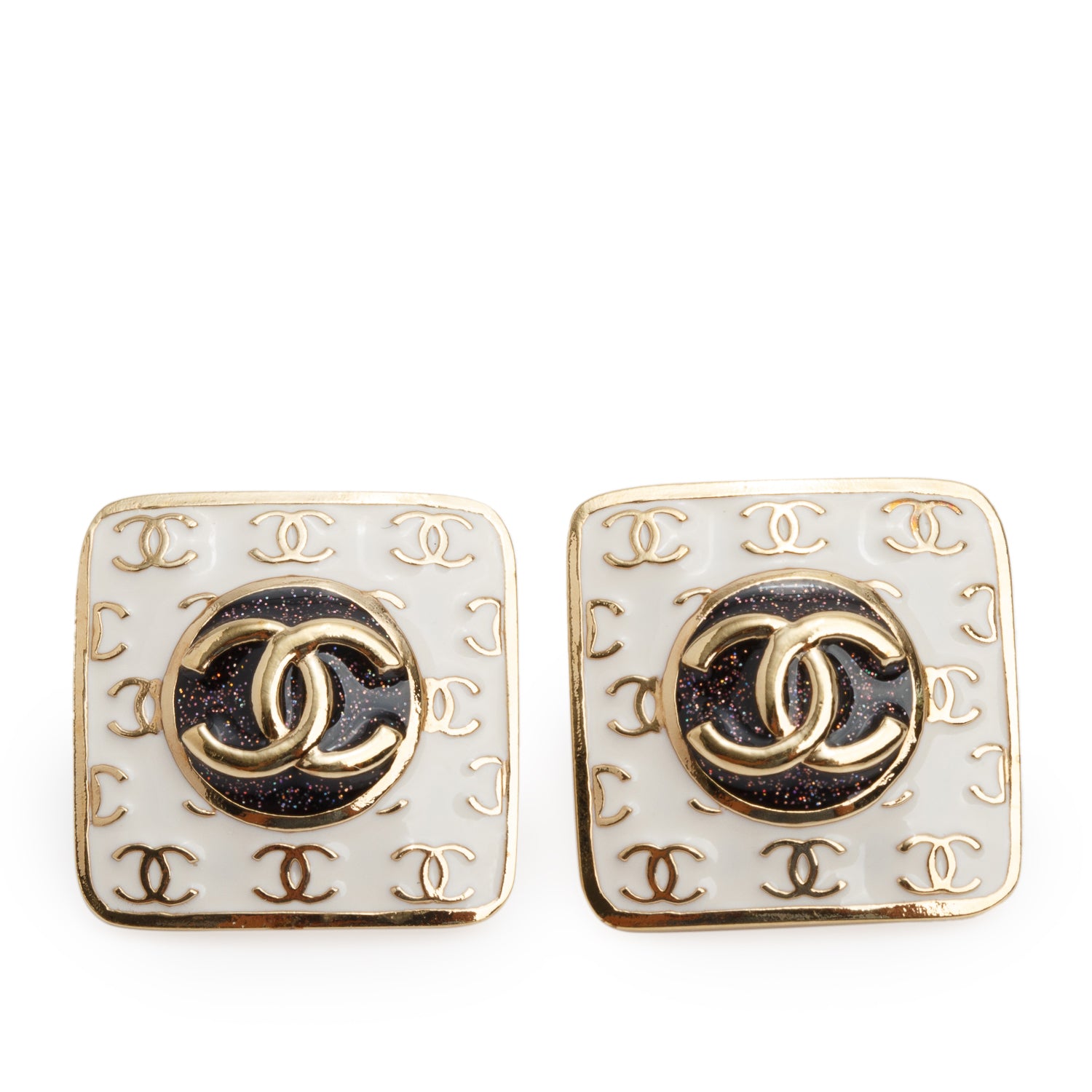 Chanel 2024 Gold Plated Enamel CC Square Stud Earrings w/ Box