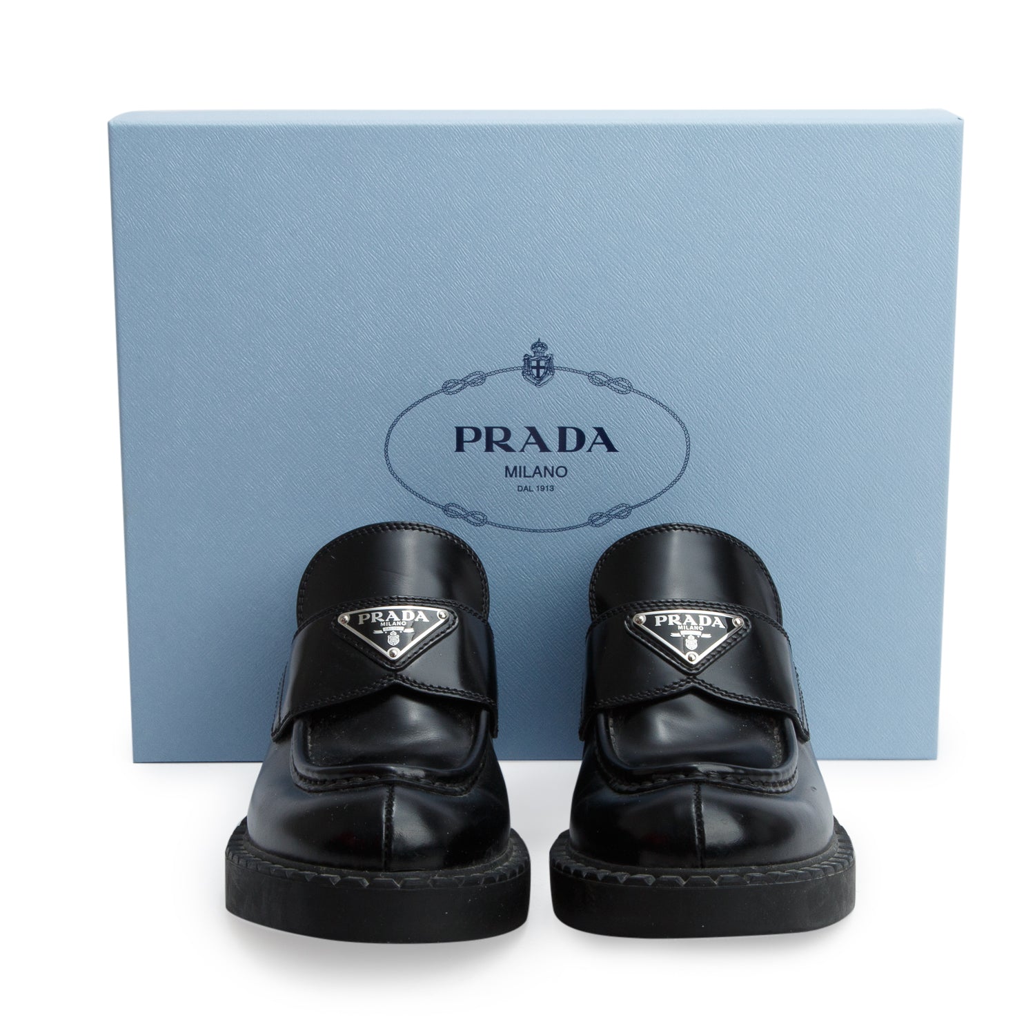 Prada Black Brushed Calfskin Leather Metal Triangle Logo Loafers, Women's Size 37